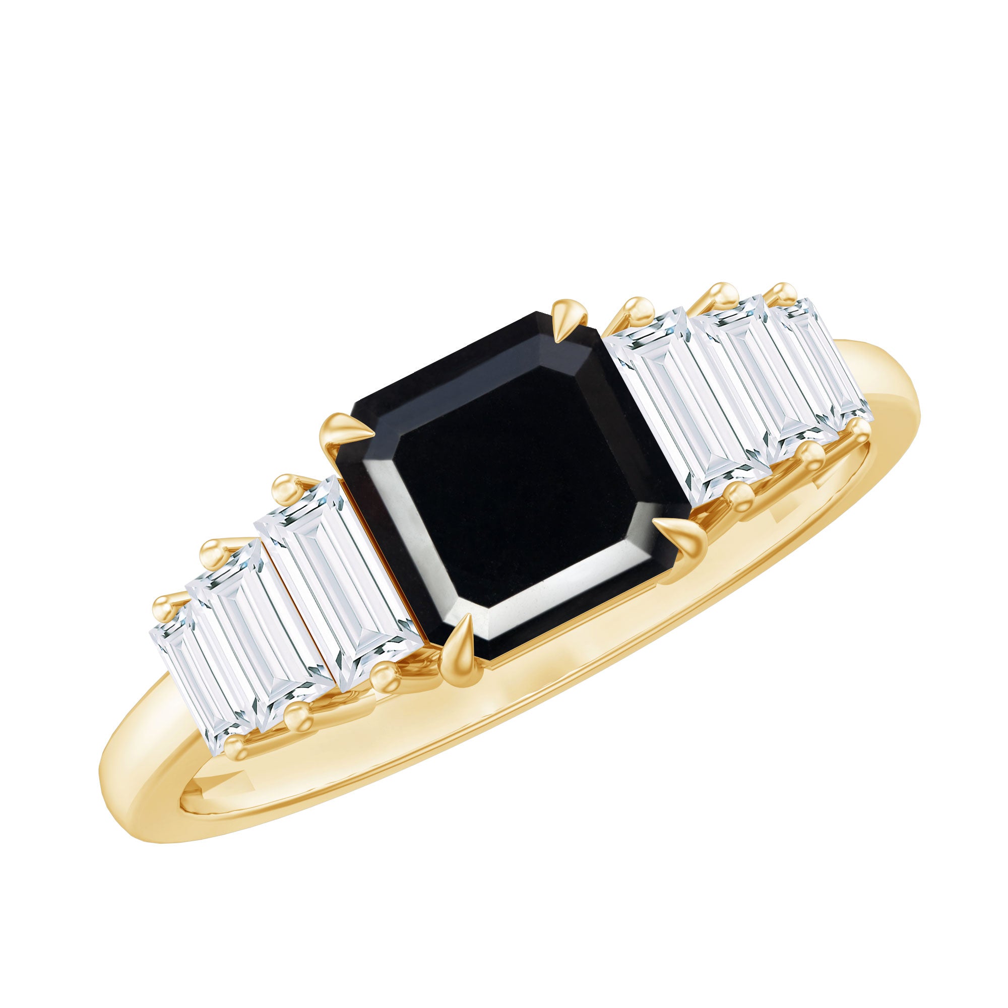 Asscher Cut Black Onyx Engagement Ring with Baguette Moissanite AAA - Rosec Jewels