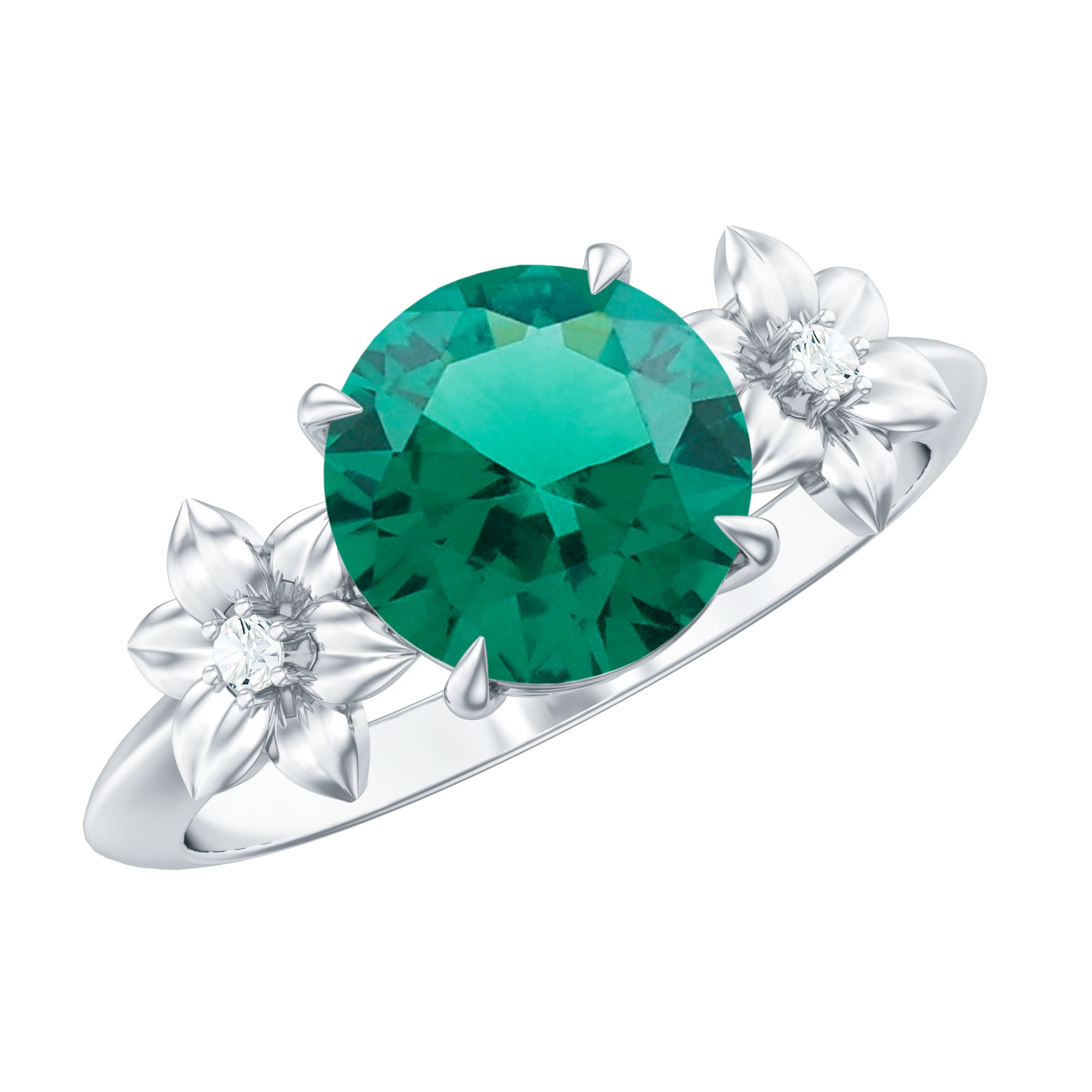 Certified Lab Grown Emerald Flower Engagement Ring with Diamond