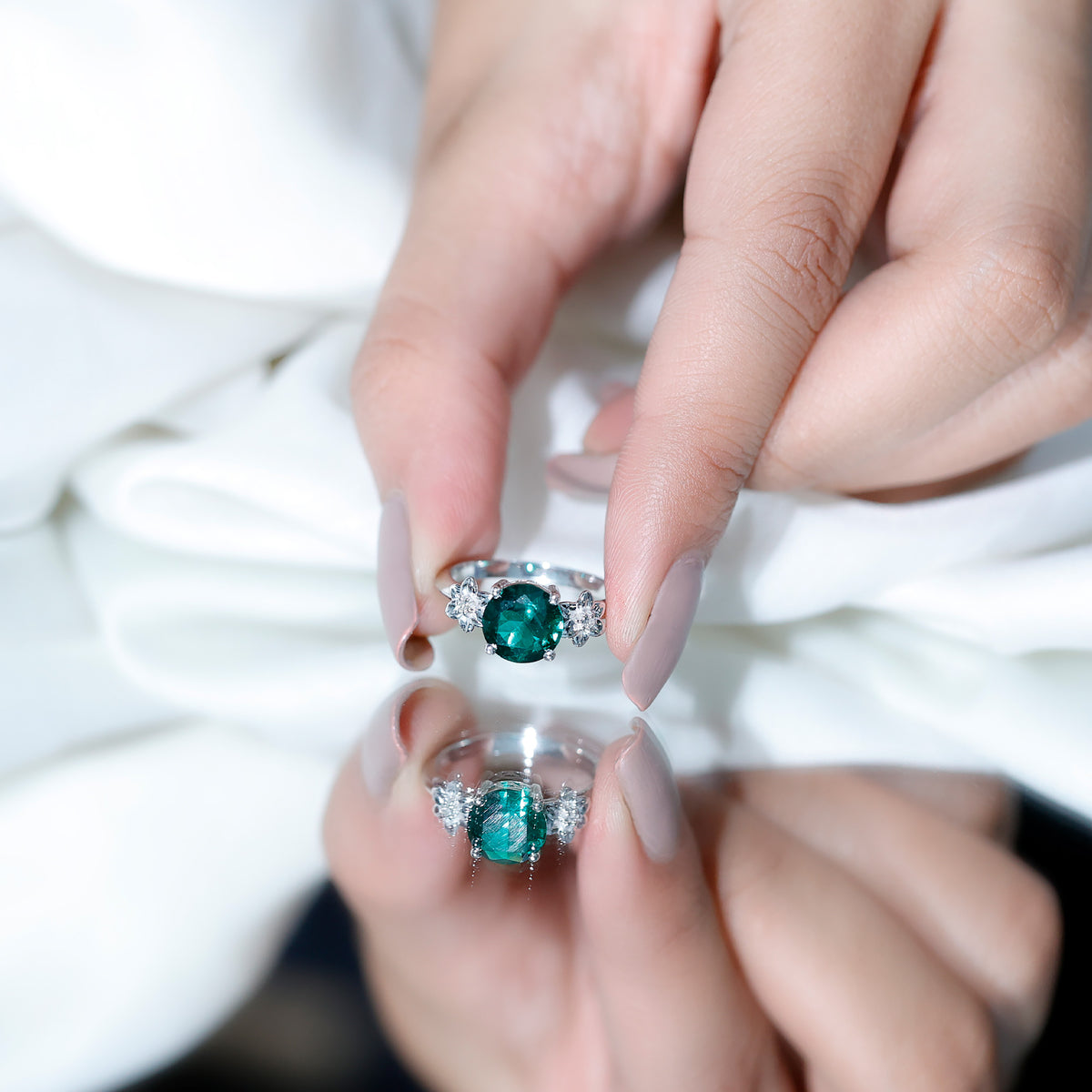 Certified Lab Grown Emerald Flower Engagement Ring with Diamond AAAA - Rosec Jewels