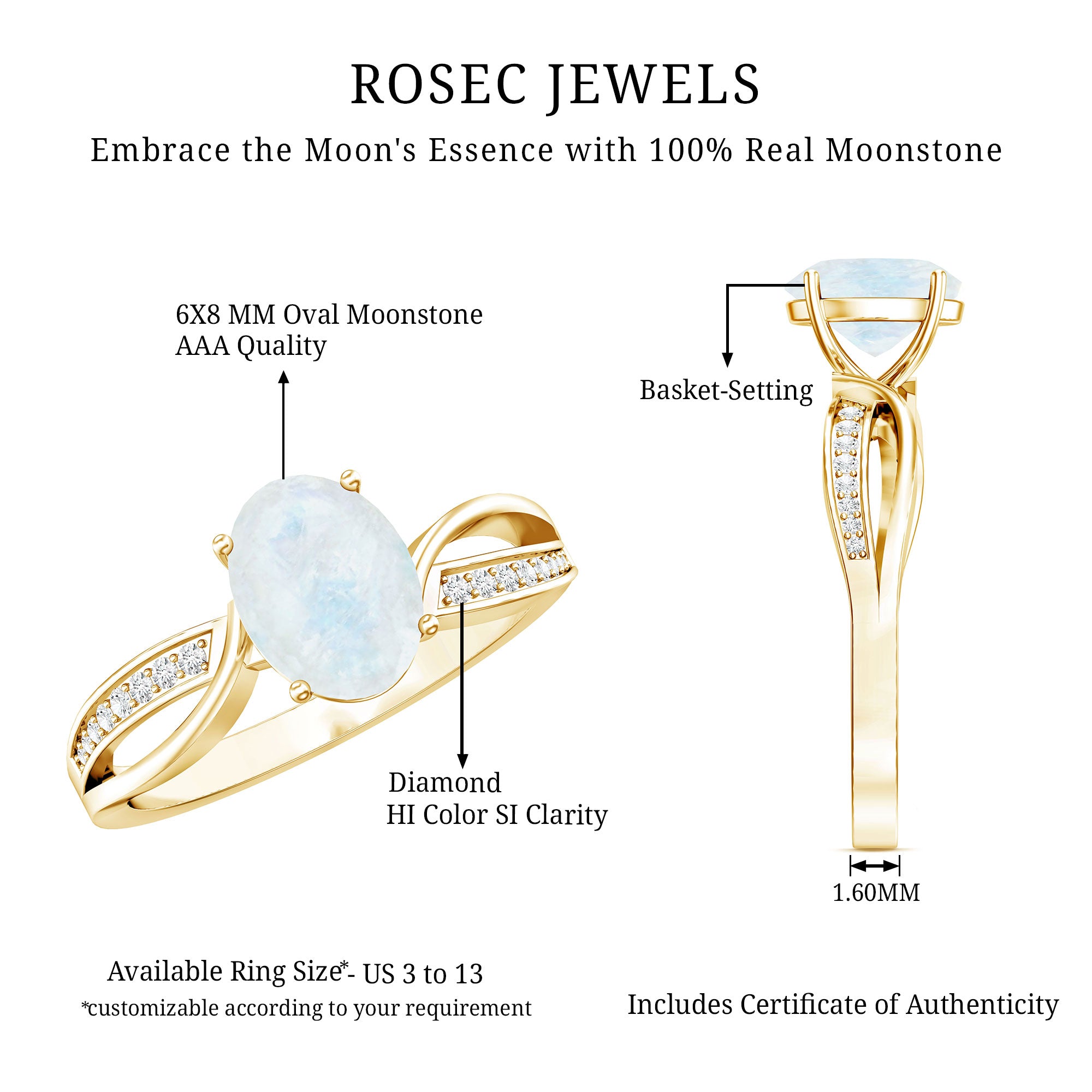 Oval Moonstone Infinity Engagement Ring with Diamond AAA - Rosec Jewels