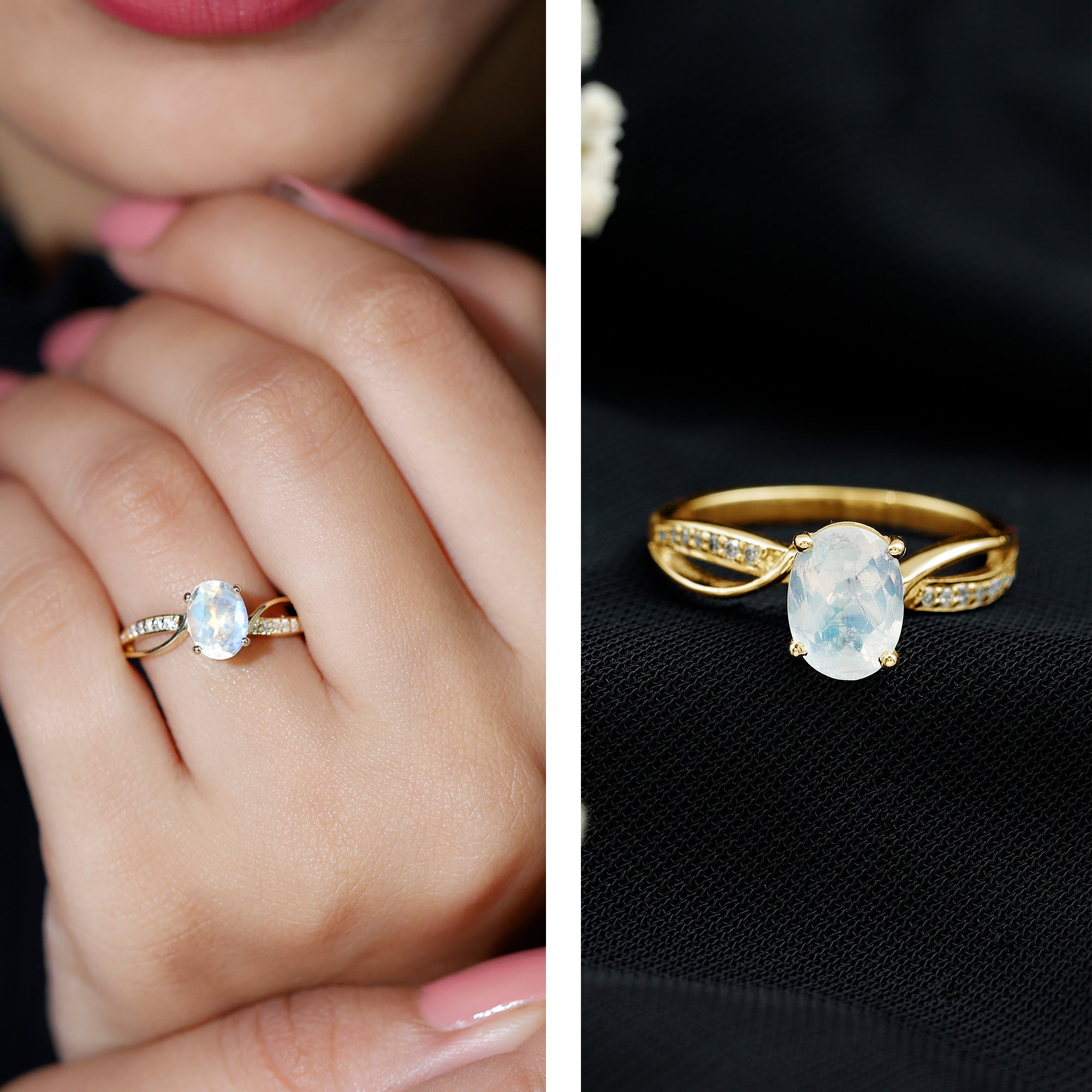Oval Moonstone Infinity Engagement Ring with Diamond AAA - Rosec Jewels