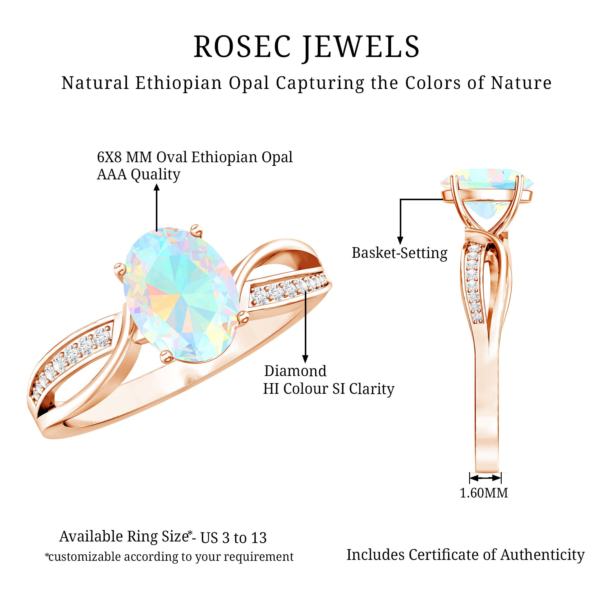 Natural 1.2 Carat Oval Opalescent Diamond Engagement Ring with Split Shank AAA - Rosec Jewels