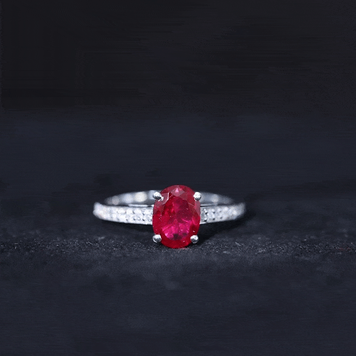 1.5 Carat Lab Grown Ruby Oval Engagement Ring with Diamond Side Stones AAAA - Rosec Jewels