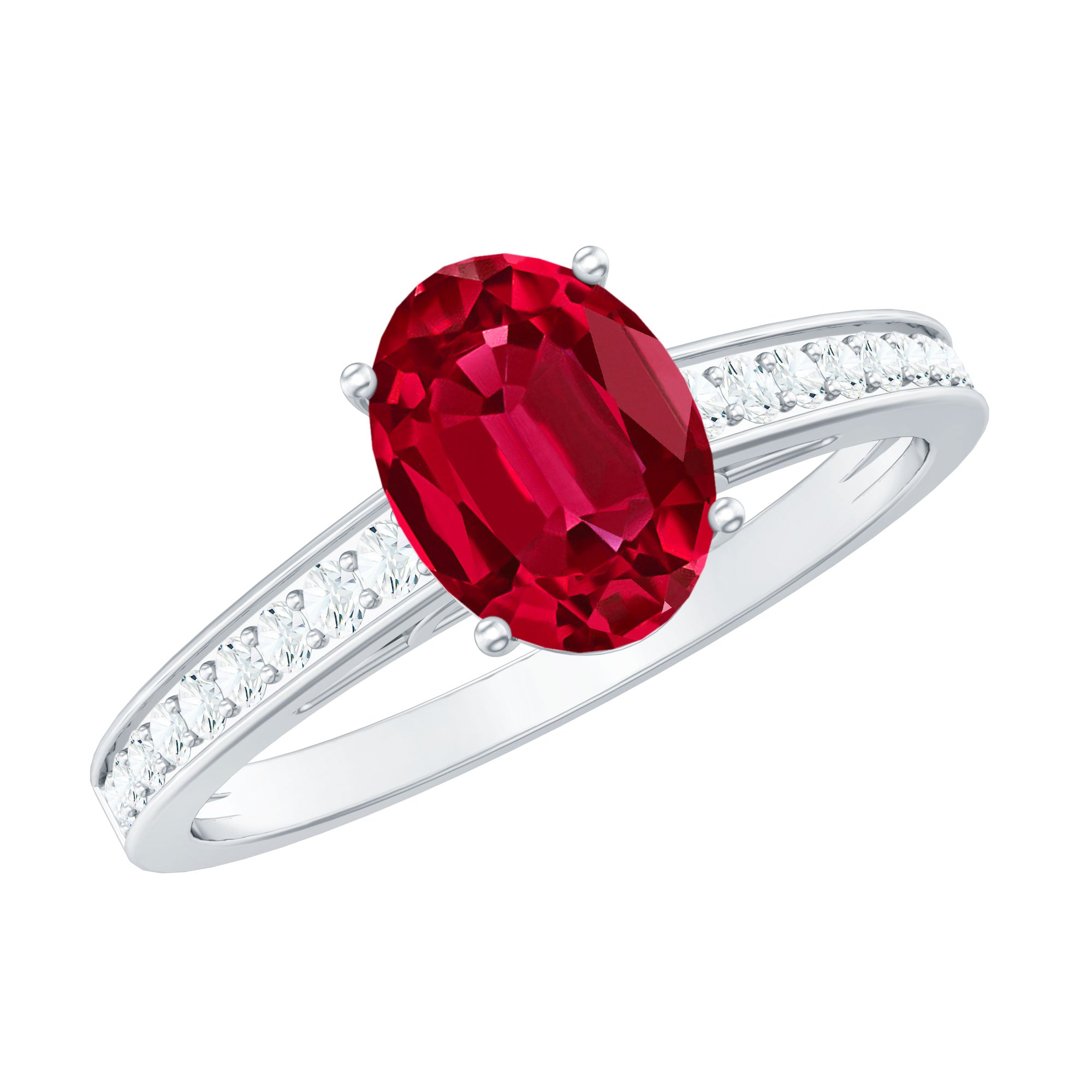 Oval Lab Grown Ruby Solitaire Ring with Moissanite Side Stones