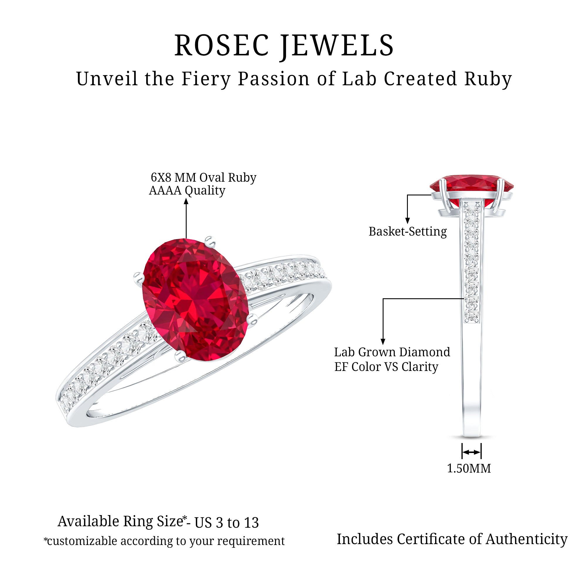 1.5 Carat Lab Grown Ruby Oval Engagement Ring with Diamond Side Stones AAAA - Rosec Jewels