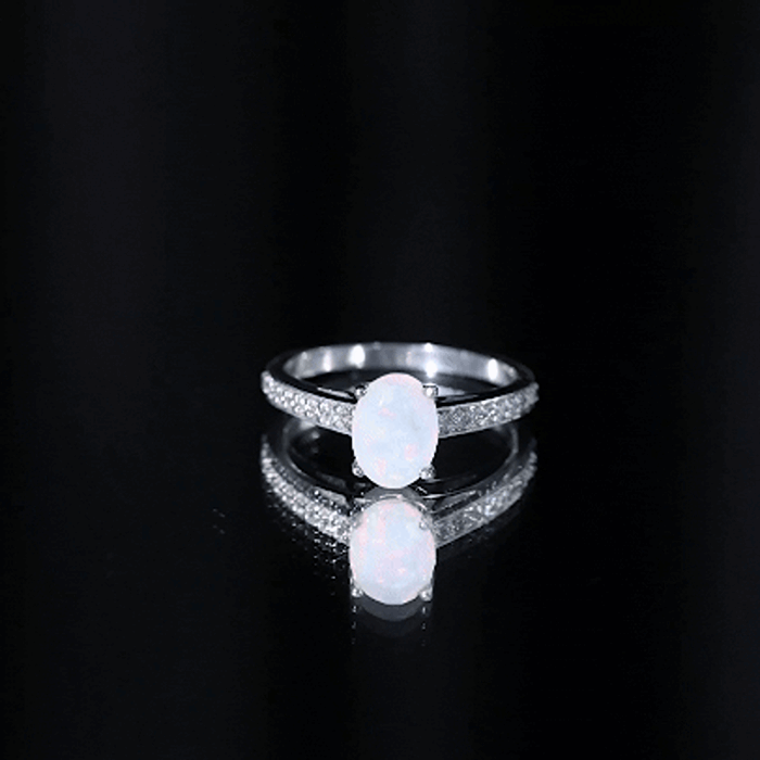 Natural 6X8mm Ethiopian Opal Oval Engagement Ring with Diamond Side Stones AAA - Rosec Jewels