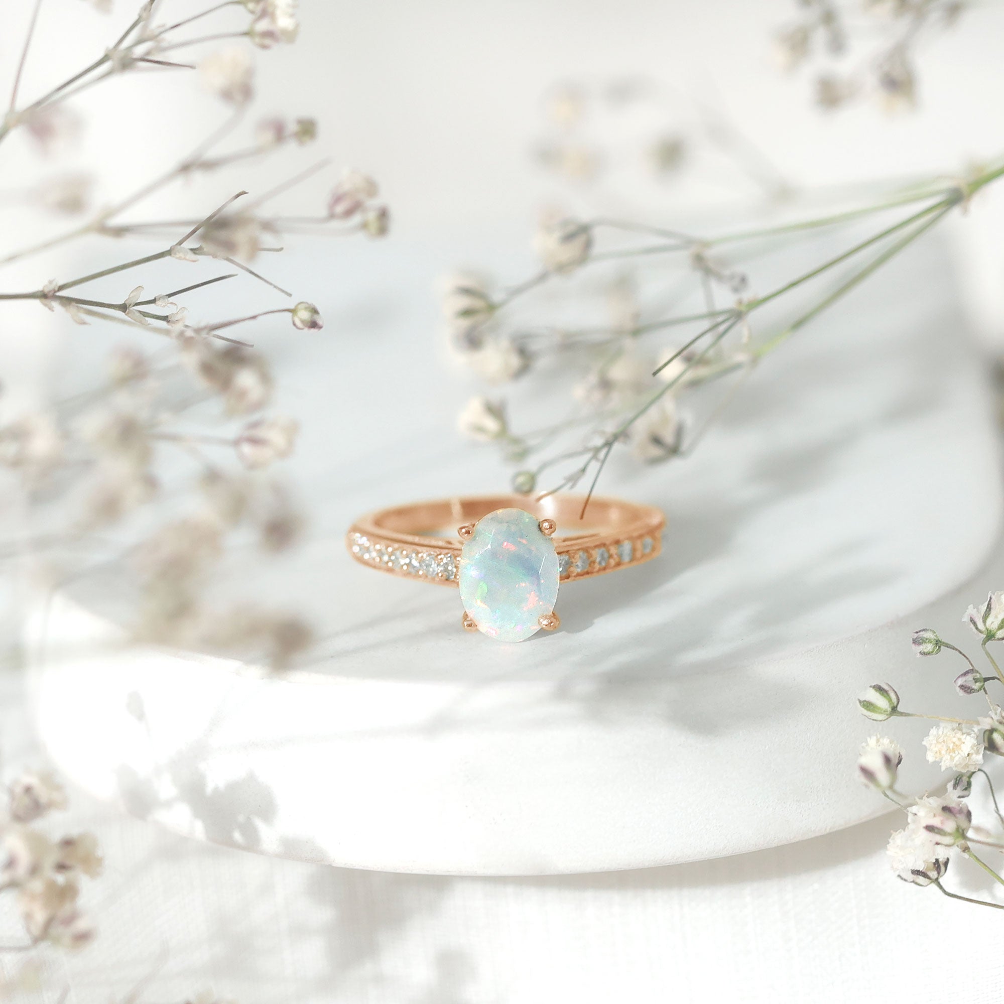 Natural 6X8mm Ethiopian Opal Oval Engagement Ring with Diamond Side Stones AAA - Rosec Jewels