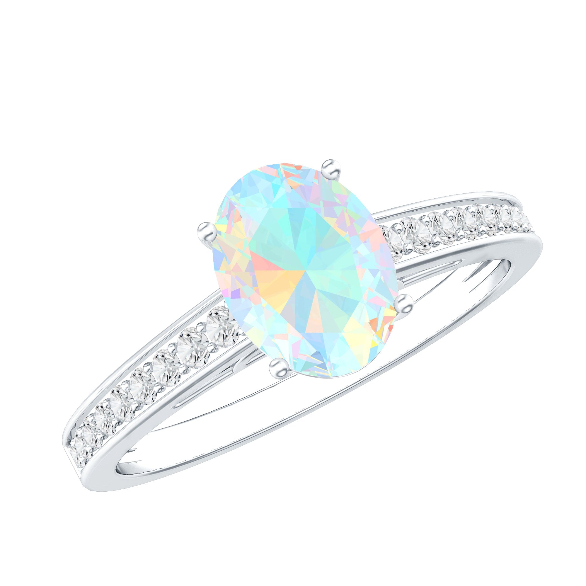 Natural 6X8mm Ethiopian Opal Oval Engagement Ring with Diamond Side Stones AAA - Rosec Jewels
