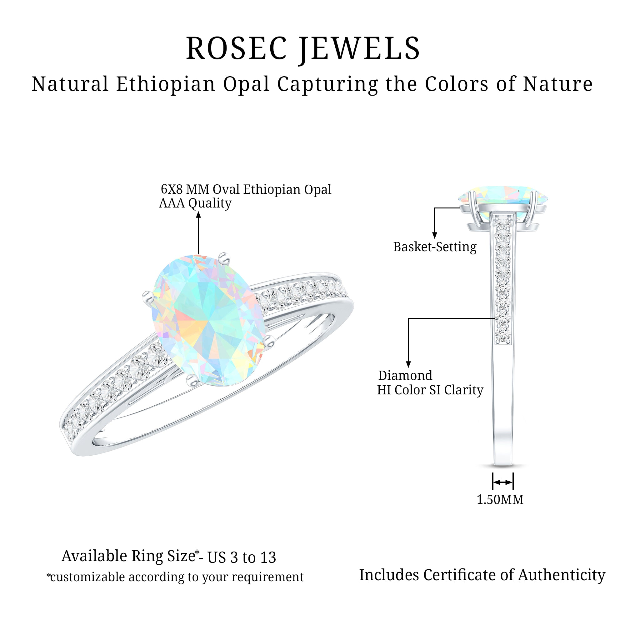 Natural 6X8mm Ethiopian Opal Oval Engagement Ring with Diamond Side Stones AAA - Rosec Jewels