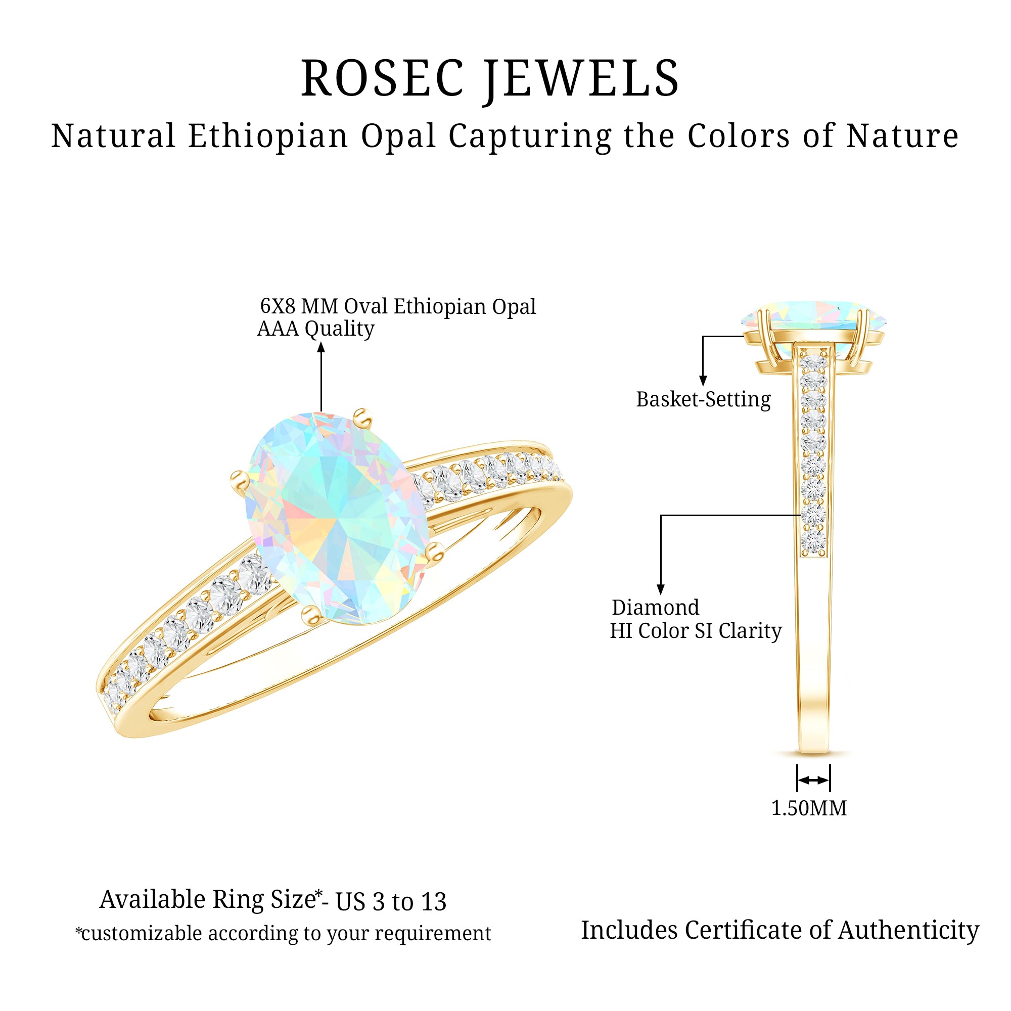Natural 6X8mm Ethiopian Opal Oval Engagement Ring with Diamond Side Stones AAA - Rosec Jewels