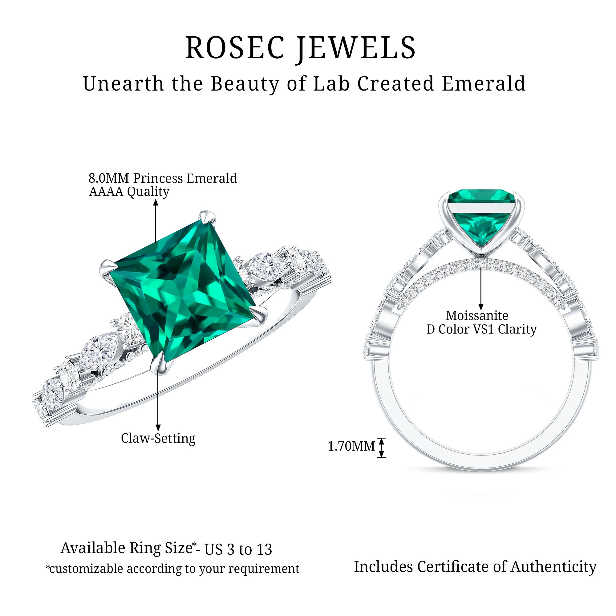 2.4 Carat Solitaire Lab Emerald Princess Cut Engagement Ring with Moissanite AAAA - Rosec Jewels