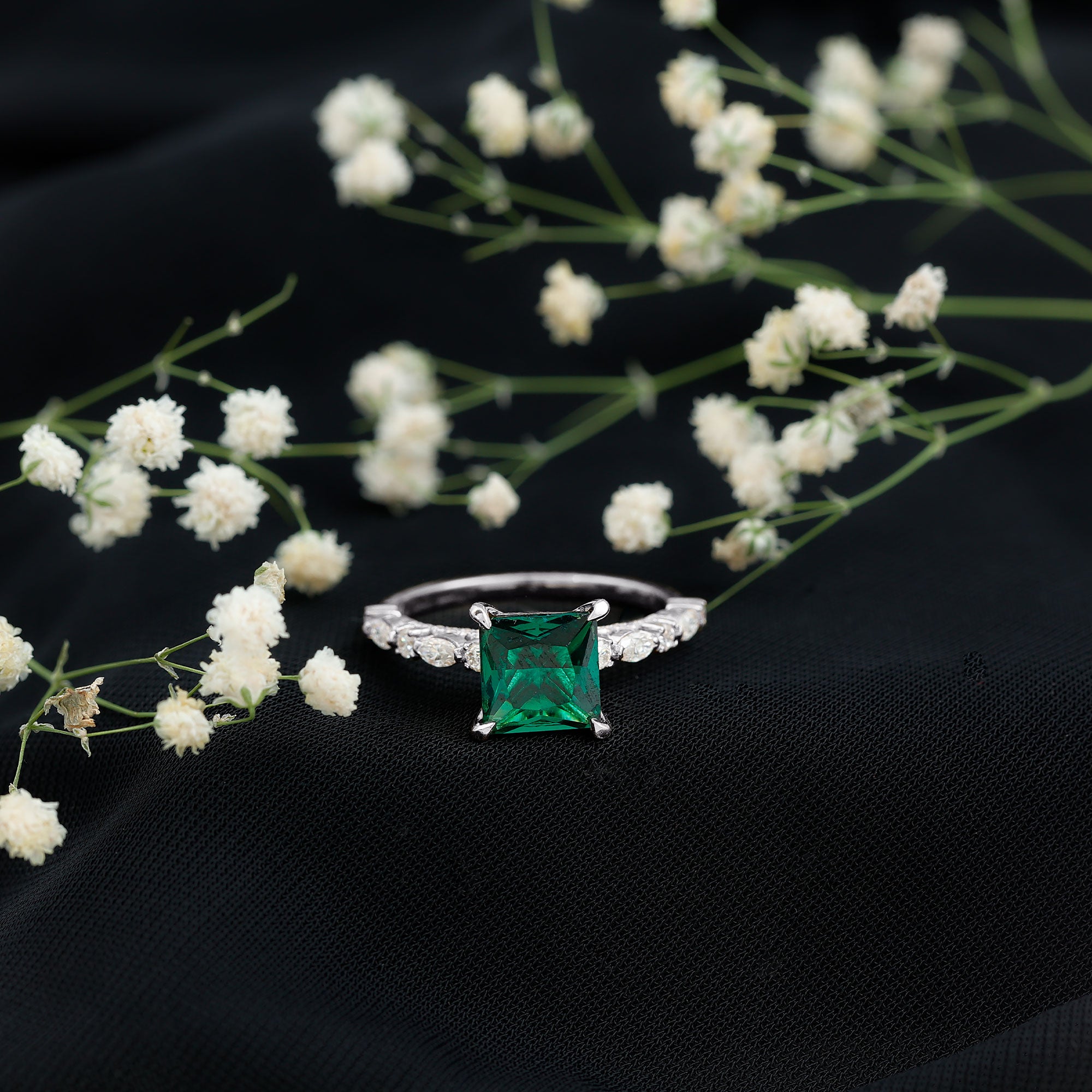 Rosec Jewels-8 MM Solitaire Lab Emerald Princess Cut Engagement Ring with Moissanite