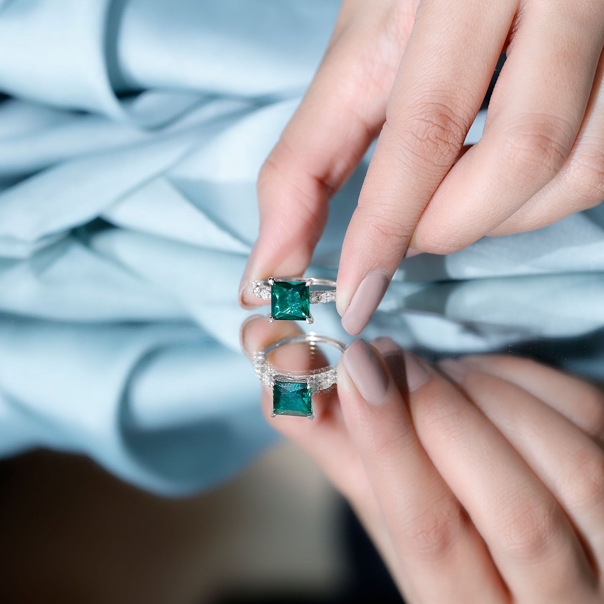 2.4 Carat Solitaire Lab Emerald Princess Cut Engagement Ring with Moissanite AAAA - Rosec Jewels