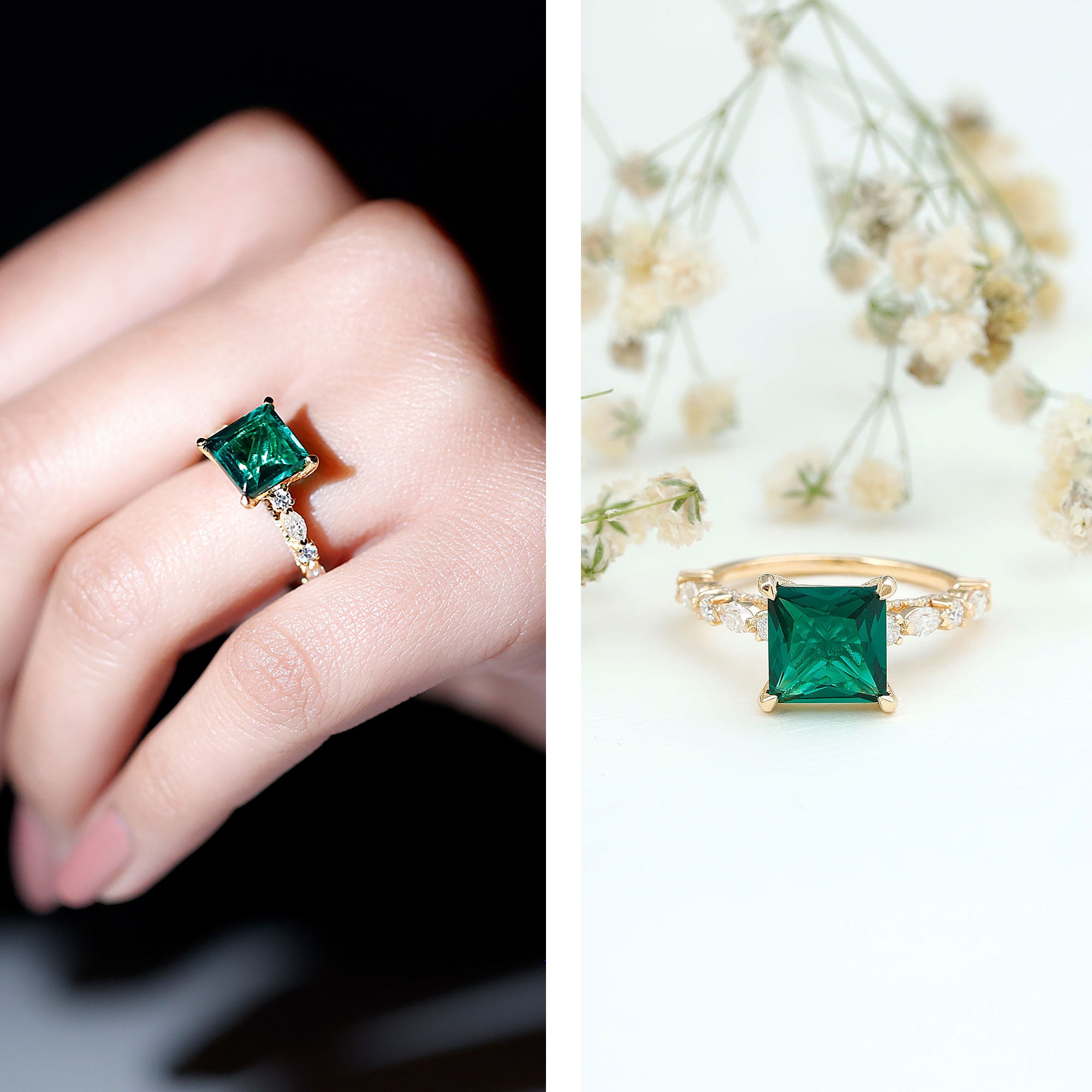 2.4 Carat Solitaire Lab Emerald Princess Cut Engagement Ring with Moissanite AAAA - Rosec Jewels