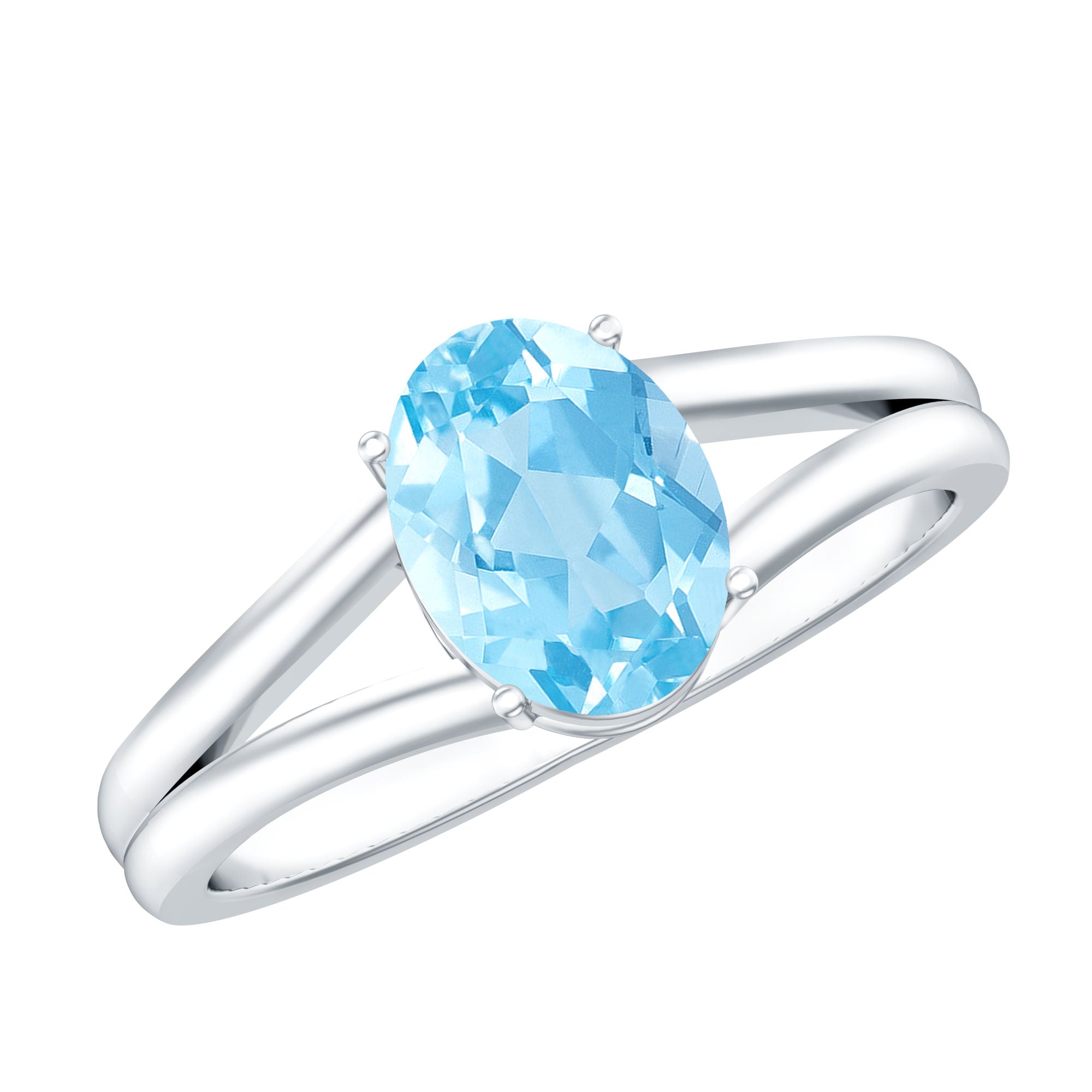 Genuine Oval Aquamarine Solitaire Engagement Ring in Split Shank AAA - Rosec Jewels