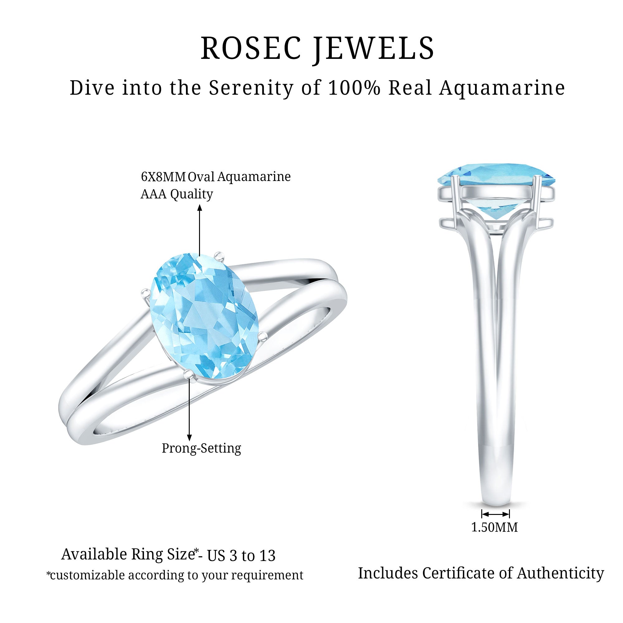 Genuine Oval Aquamarine Solitaire Engagement Ring in Split Shank AAA - Rosec Jewels