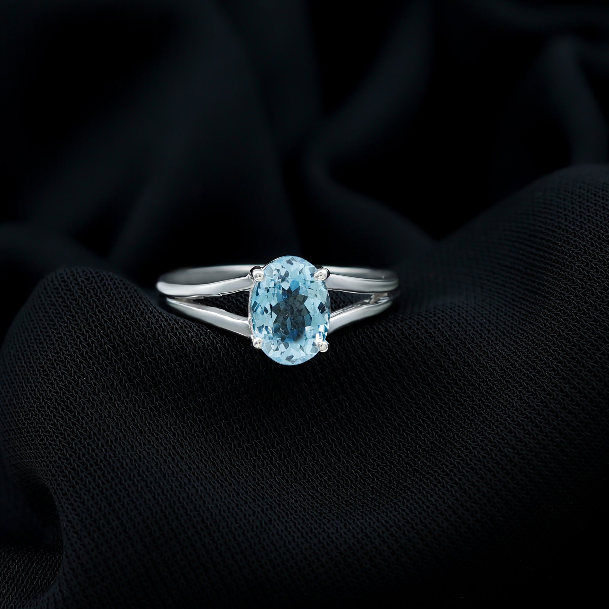 Genuine Oval Aquamarine Solitaire Engagement Ring in Split Shank AAA - Rosec Jewels