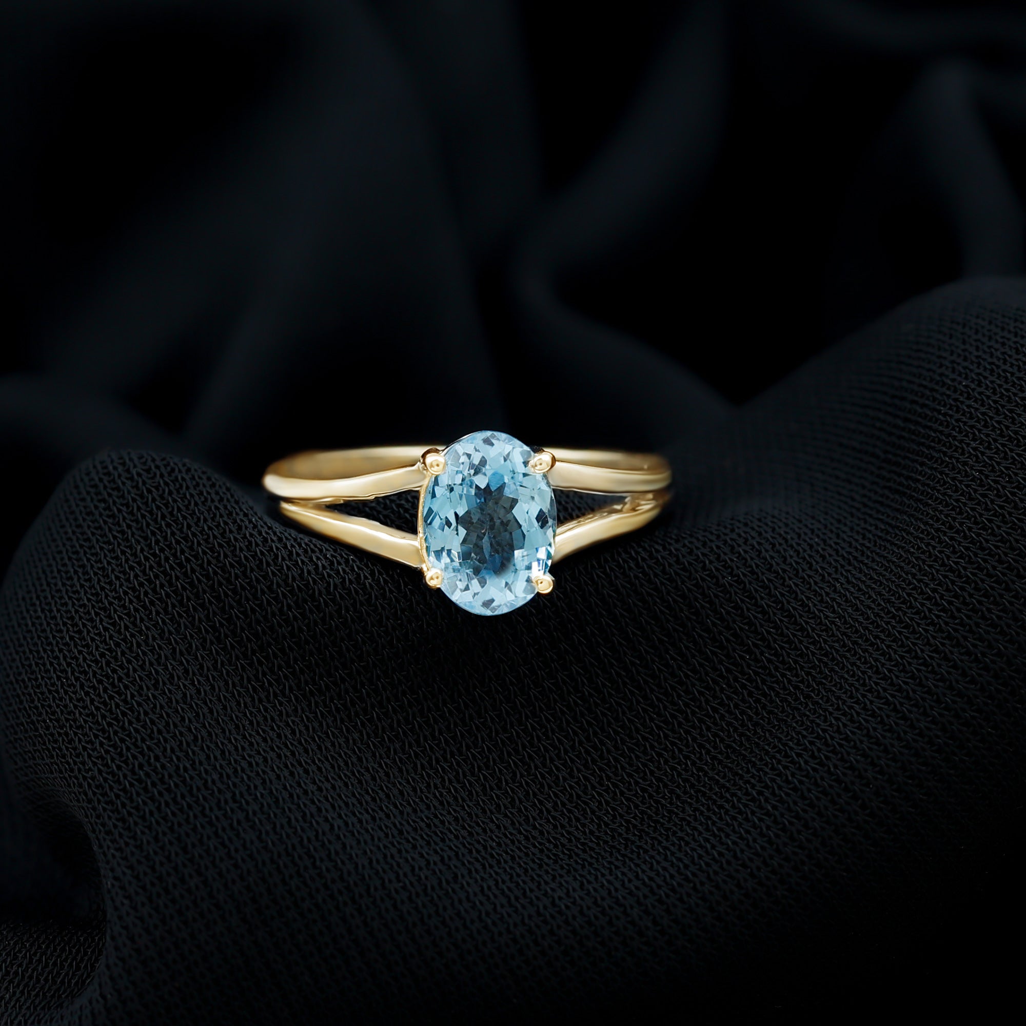 Genuine Oval Aquamarine Solitaire Engagement Ring in Split Shank AAA - Rosec Jewels