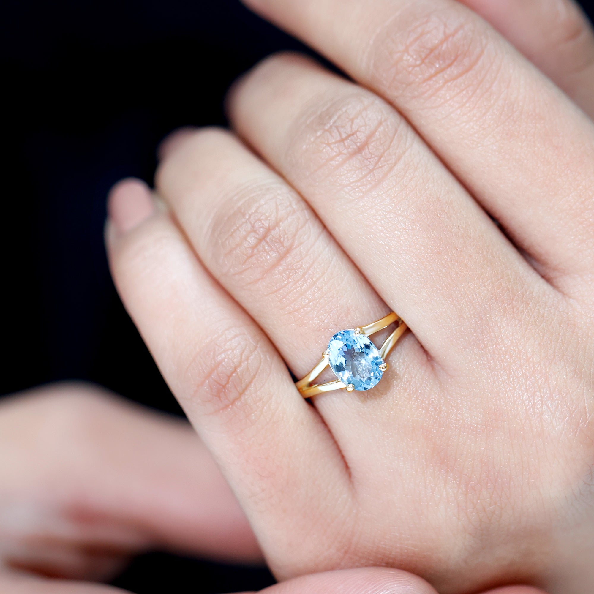 Genuine Oval Aquamarine Solitaire Engagement Ring in Split Shank AAA - Rosec Jewels