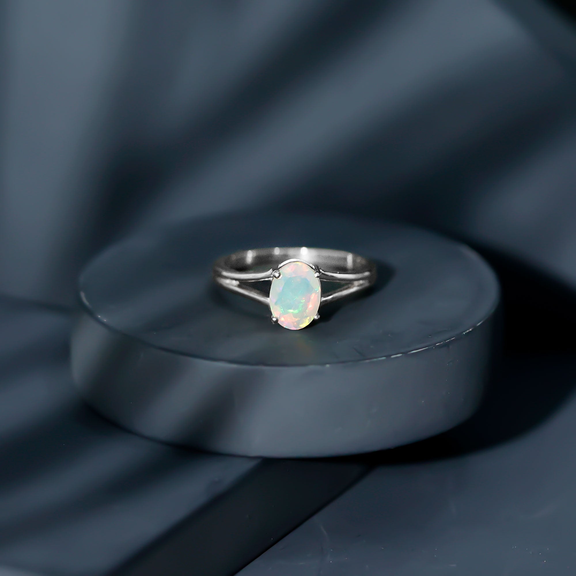 1.2 Carat Genuine Oval Ethiopian Rainbow Opal Split Shank Engagement Ring AAA - Rosec Jewels