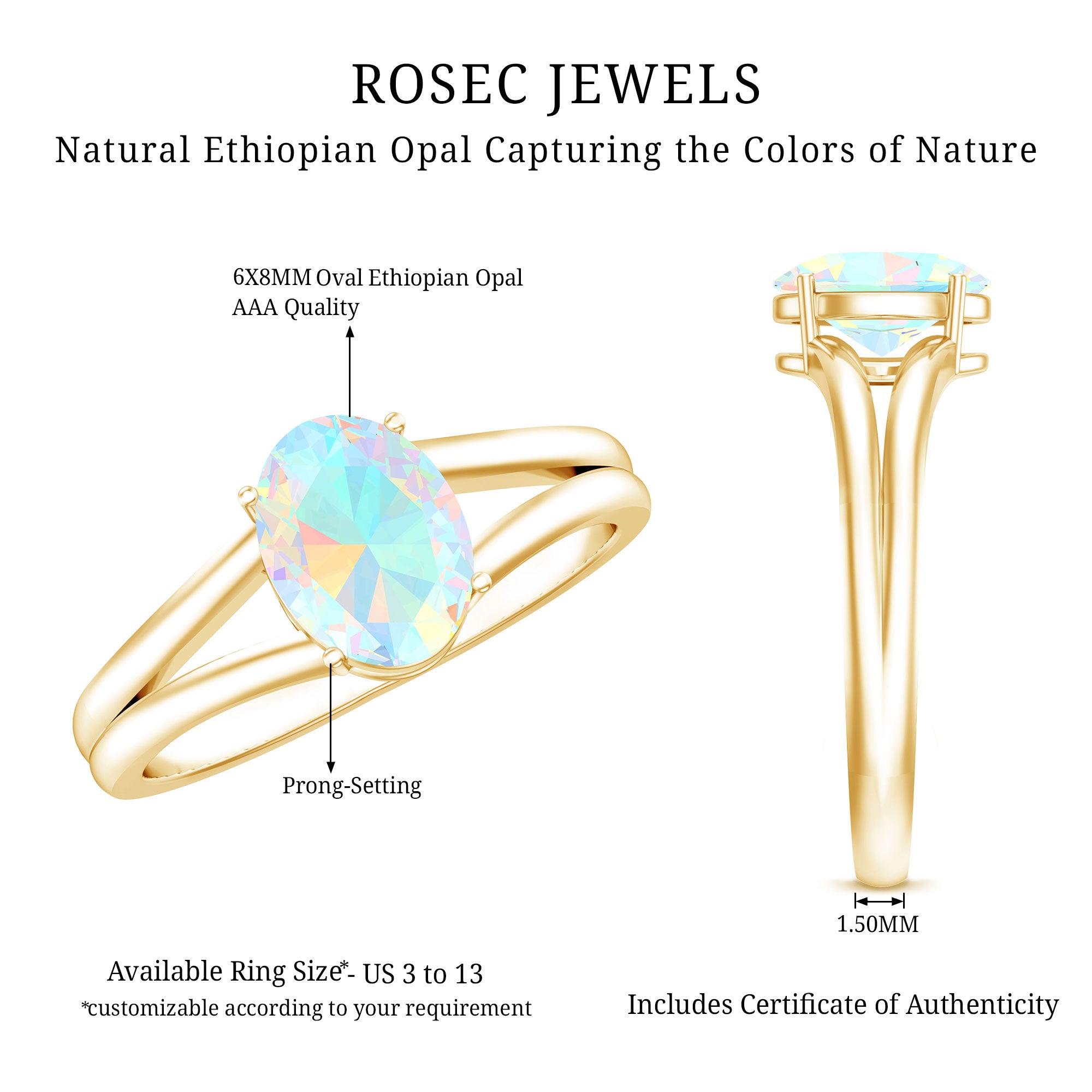 1.2 Carat Genuine Oval Ethiopian Rainbow Opal Split Shank Engagement Ring AAA - Rosec Jewels