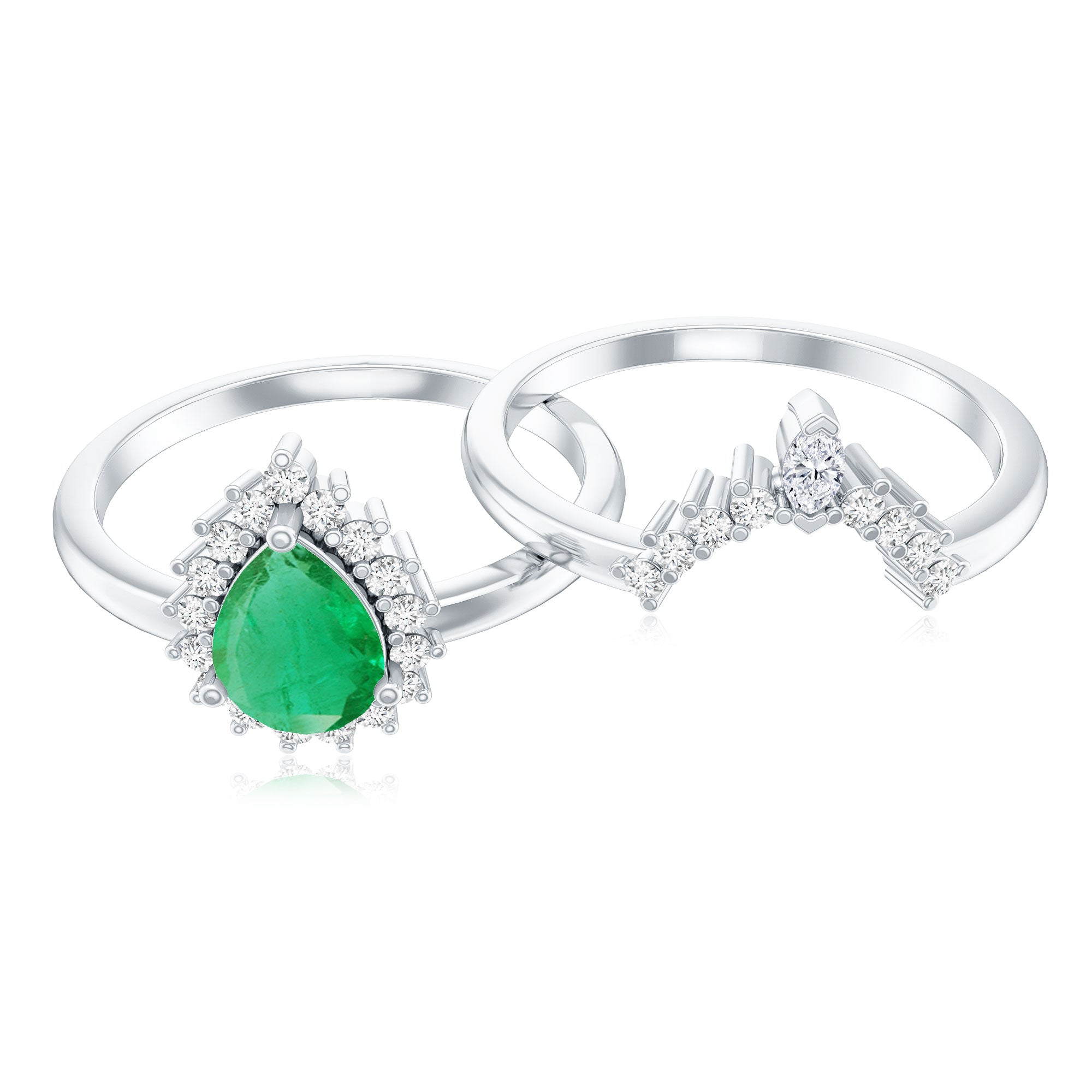 Natural Emerald Diamond Pear Shape Engagement Ring and Wedding Band Set AAA - Rosec Jewels