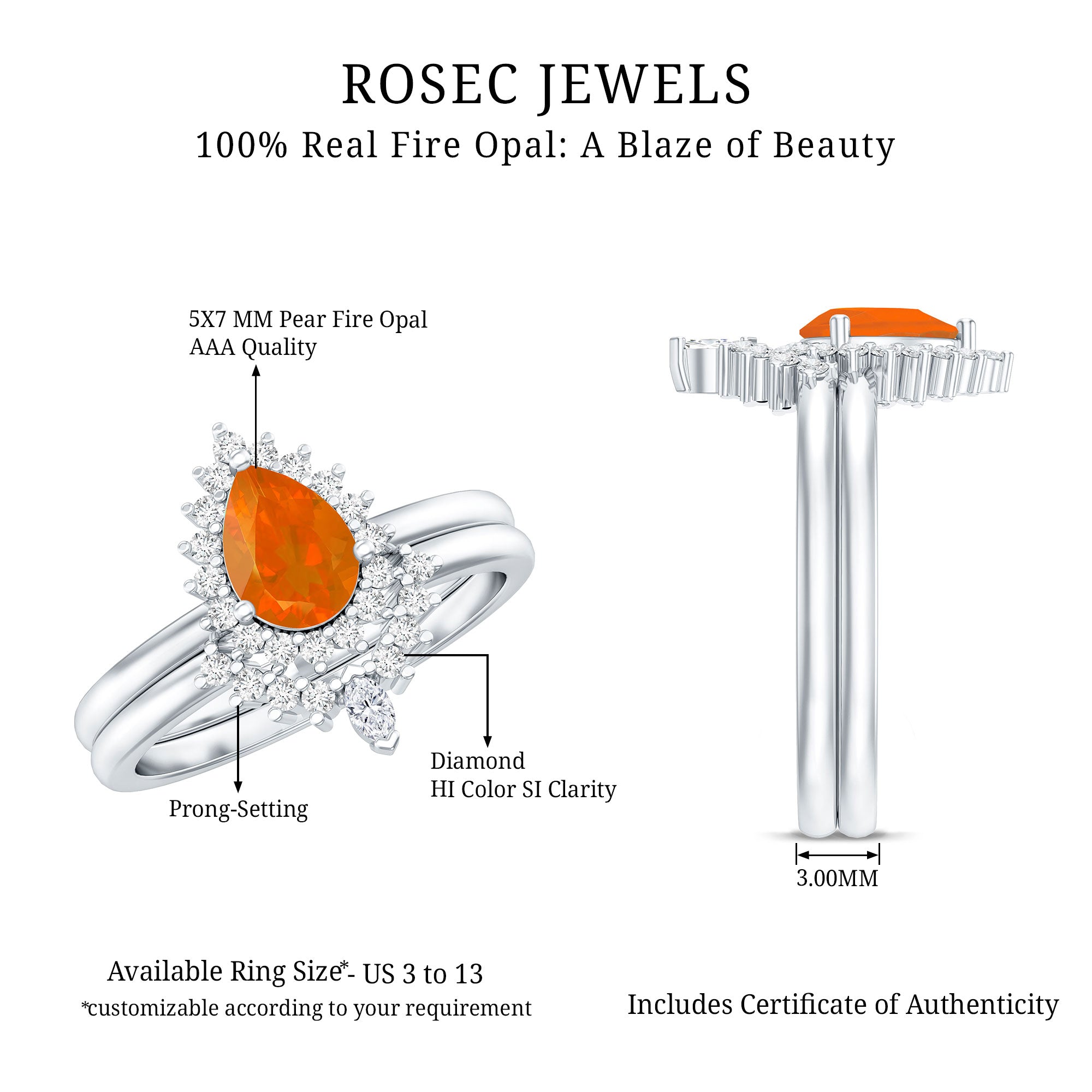 Real 0.6 Carat Fire Opal Teardrop Wedding Ring Set with Diamond Halo AAA - Rosec Jewels