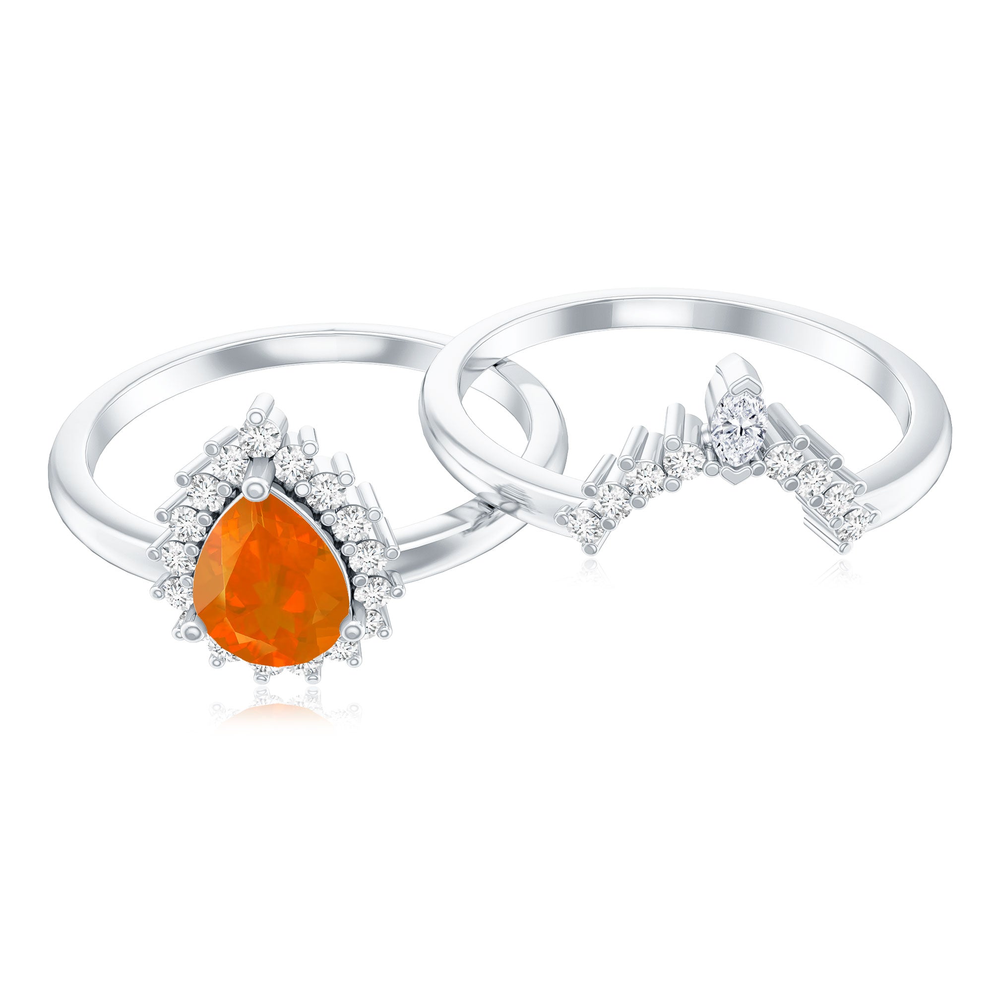 Real 0.6 Carat Fire Opal Teardrop Wedding Ring Set with Diamond Halo AAA - Rosec Jewels