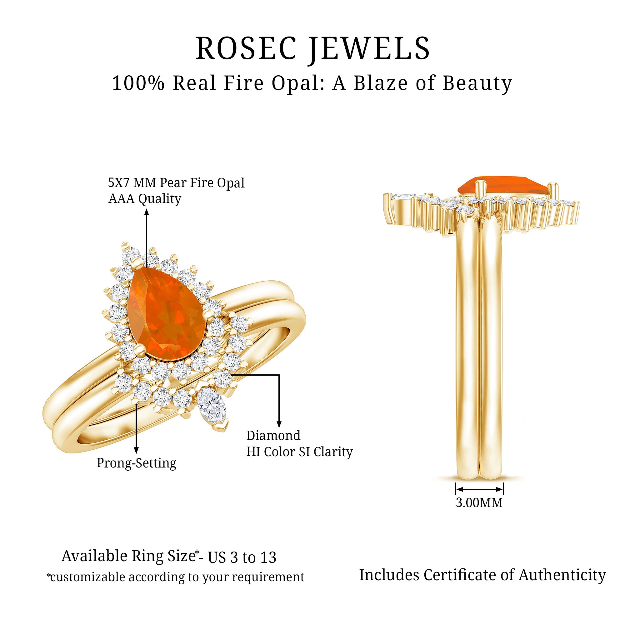 Real 0.6 Carat Fire Opal Teardrop Wedding Ring Set with Diamond Halo AAA - Rosec Jewels