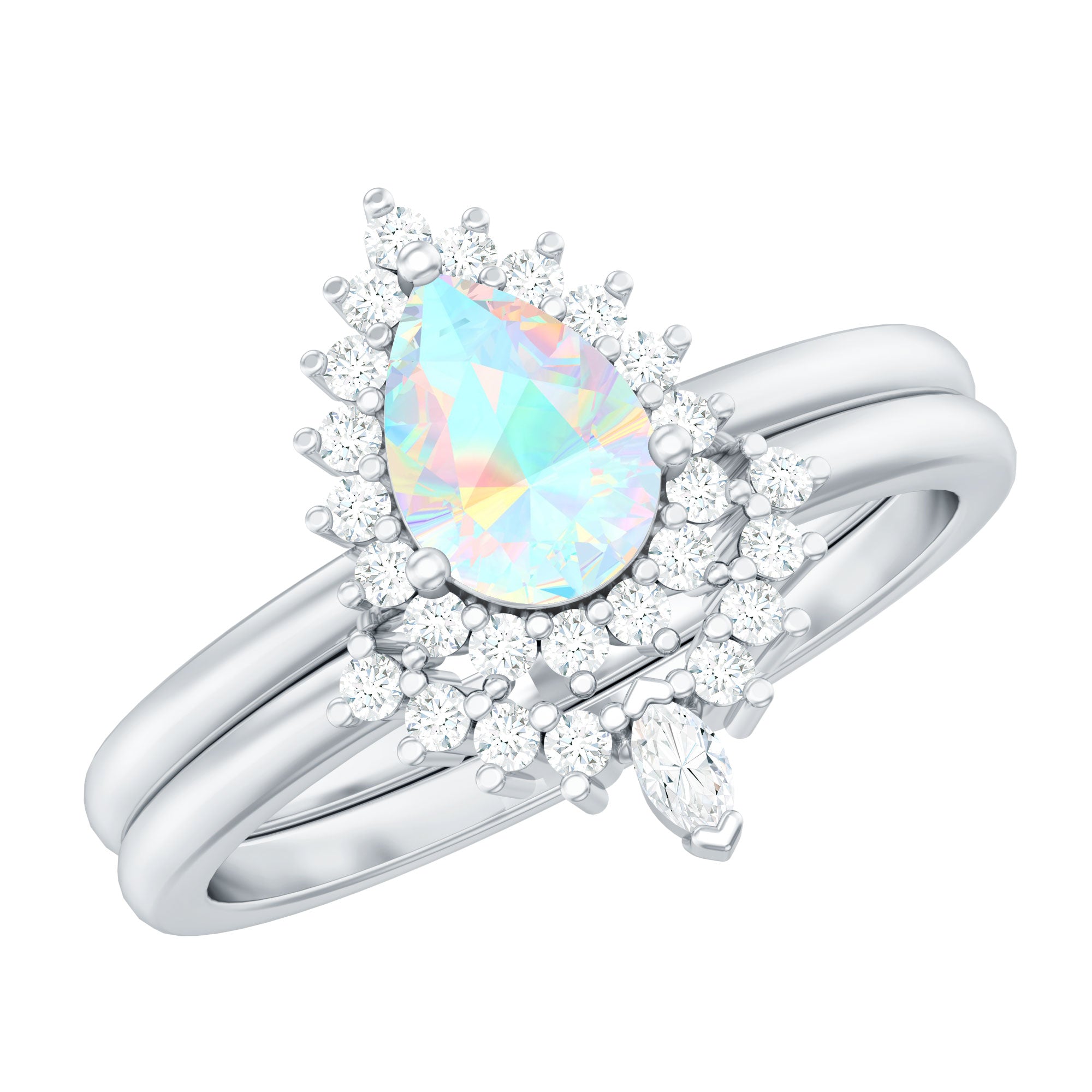 Genuine Pear Shape Rainbow Opal Vintage Inspired Engagement Ring with Enhancer