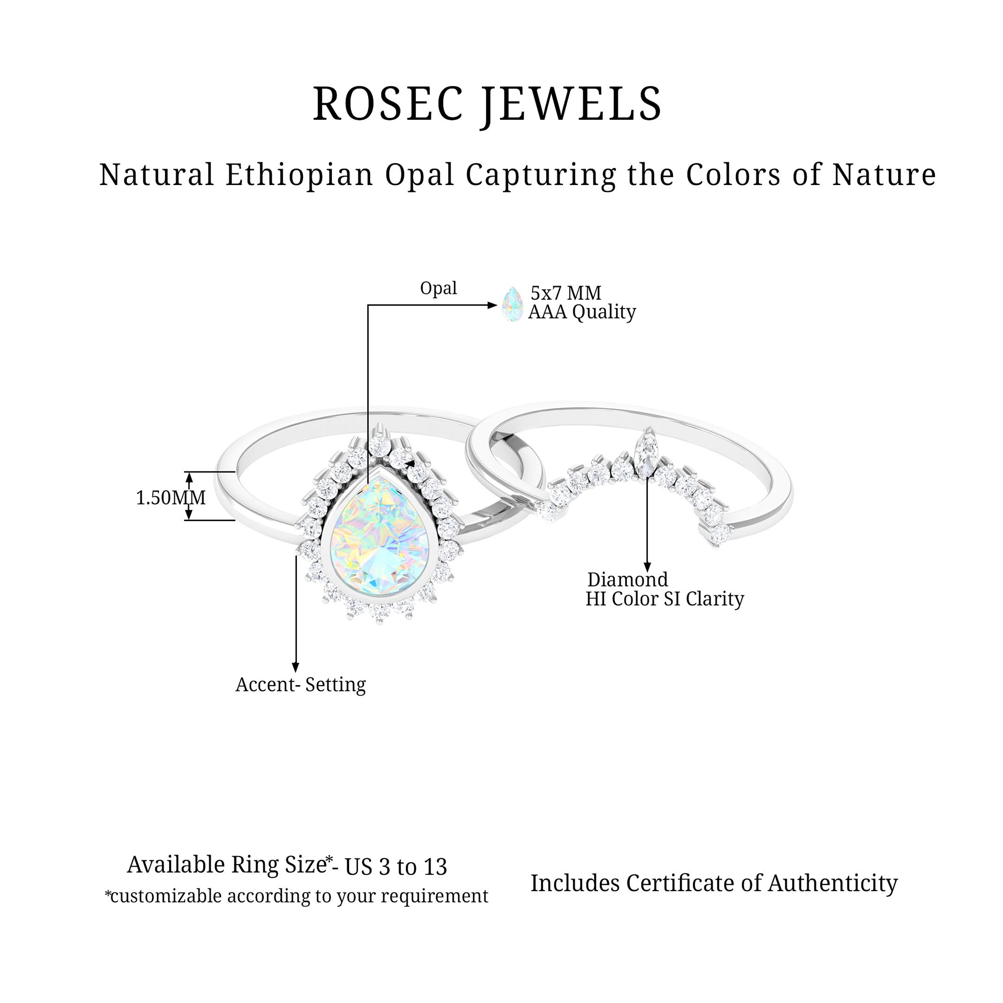 Real Ethiopian Opal Teardrop Wedding Ring Set with Diamond Halo Ethiopian Opal - ( AAA ) - Quality - Rosec Jewels