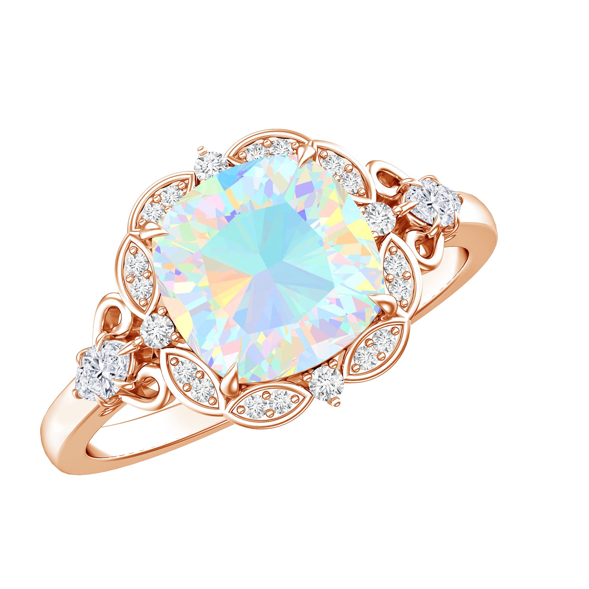 Real Cushion Cut Ethiopian Opal Antique Looking Engagement Ring with Diamond AAA - Rosec Jewels