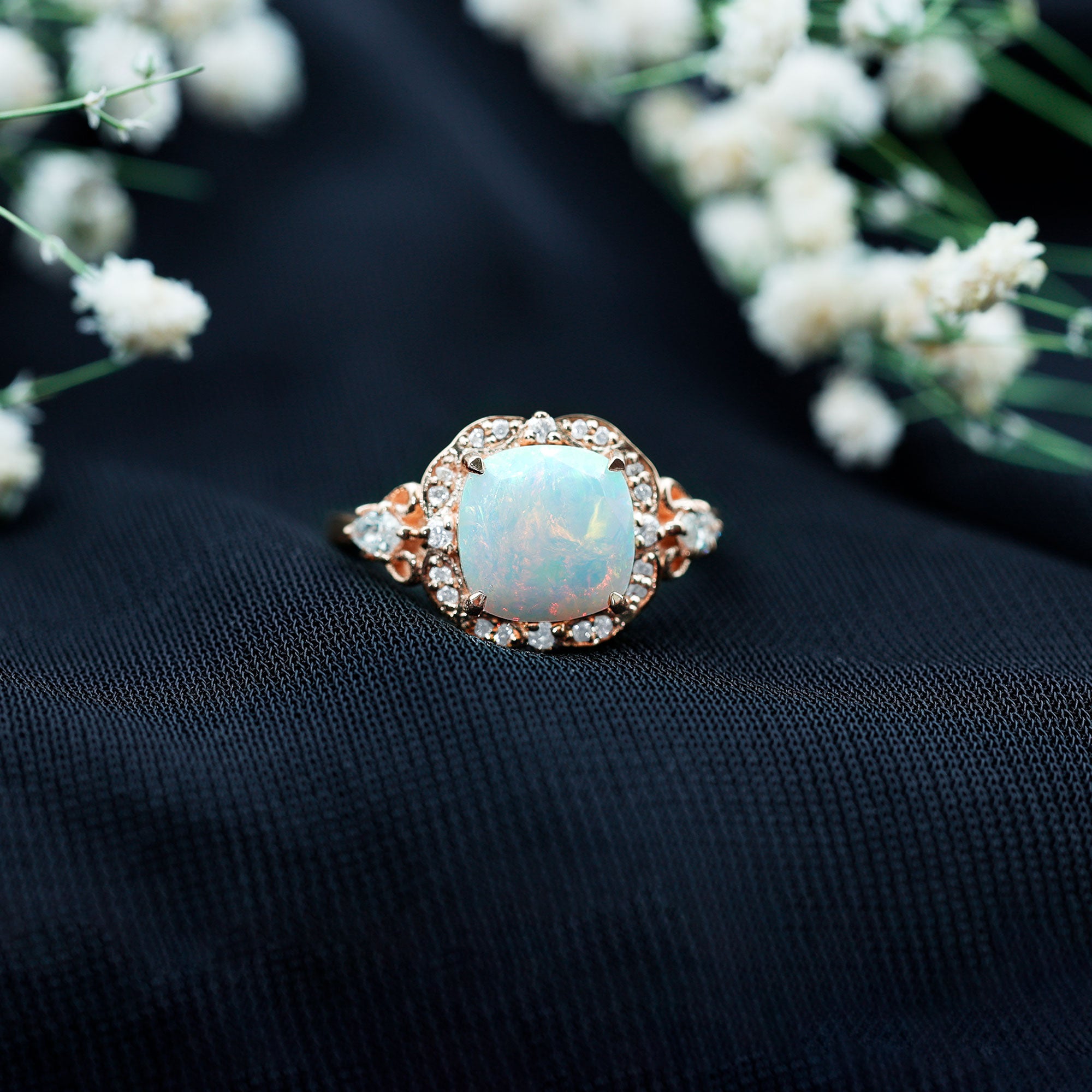 Real Cushion Cut Ethiopian Opal Antique Looking Engagement Ring with Diamond AAA - Rosec Jewels