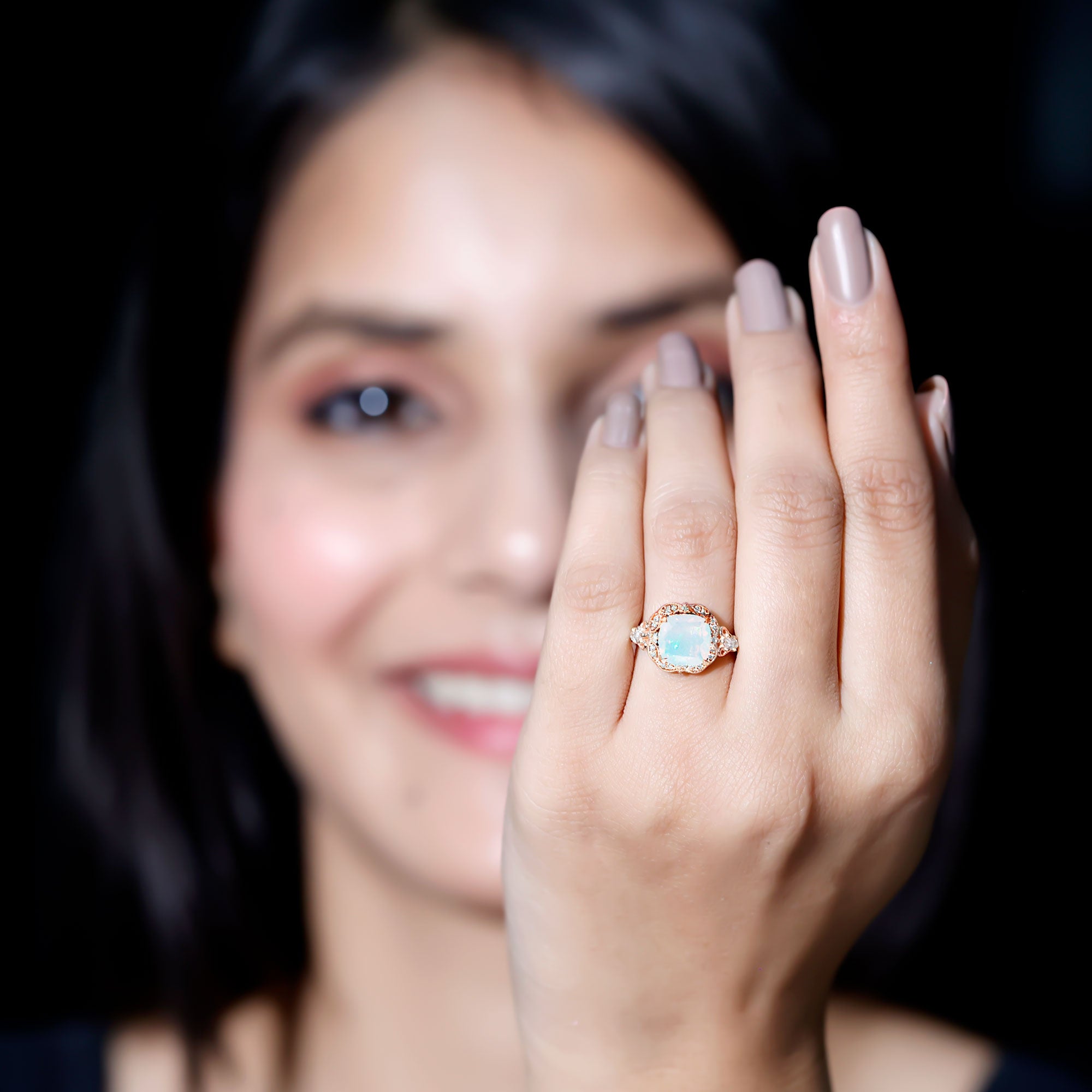 Real Cushion Cut Ethiopian Opal Antique Looking Engagement Ring with Diamond AAA - Rosec Jewels