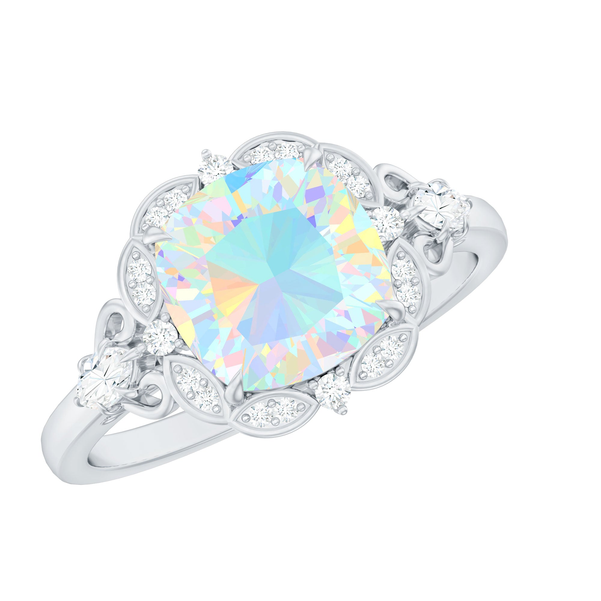 Real Cushion Cut Ethiopian Opal Antique Looking Engagement Ring with Diamond