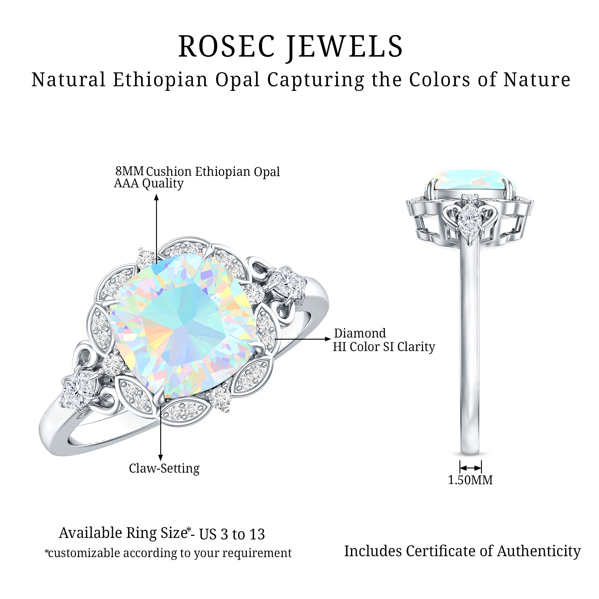Real Cushion Cut Ethiopian Opal Antique Looking Engagement Ring with Diamond AAA - Rosec Jewels