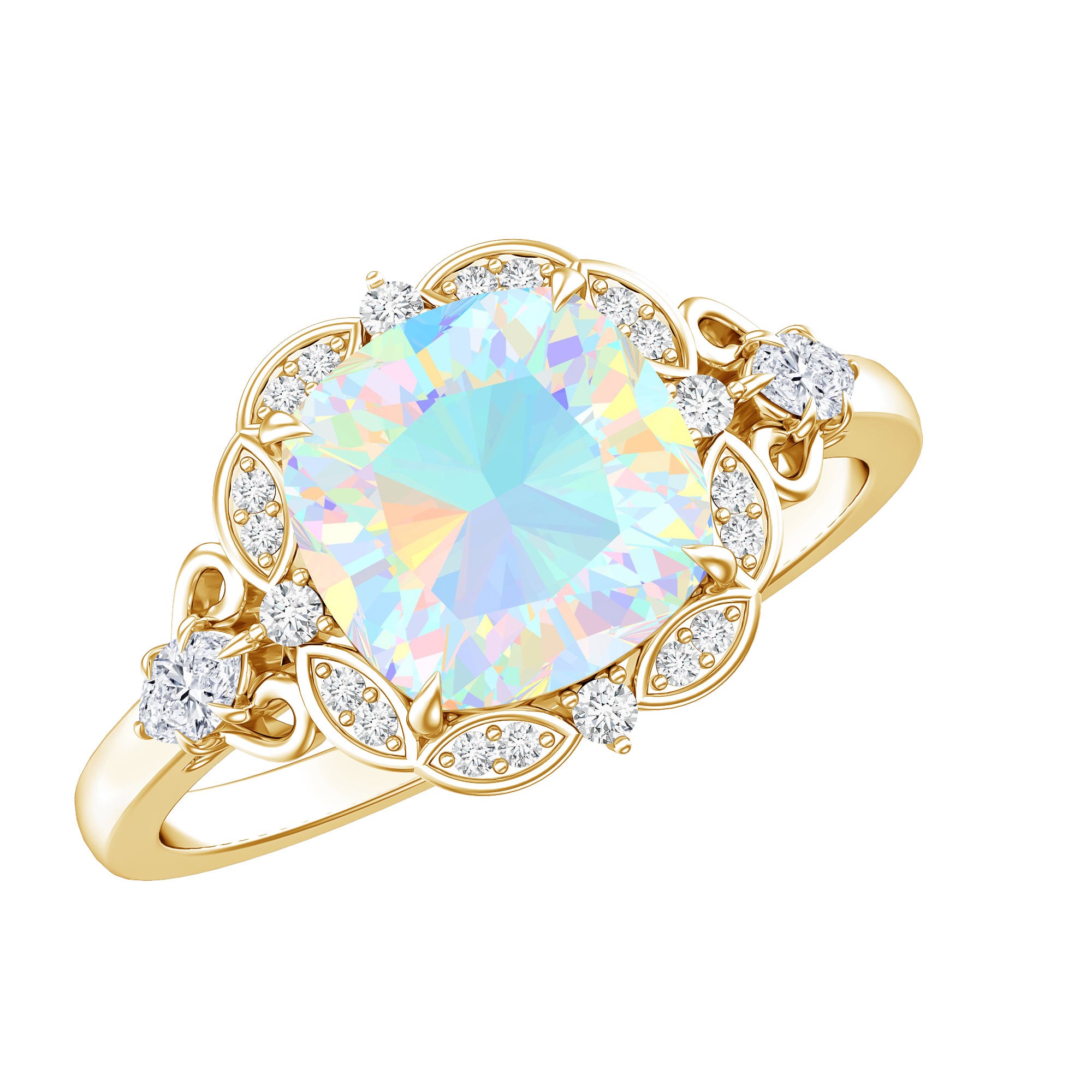 Real Cushion Cut Ethiopian Opal Antique Looking Engagement Ring with Diamond AAA - Rosec Jewels