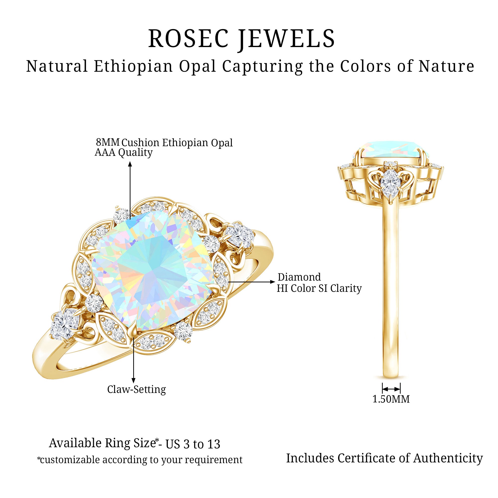 Real Cushion Cut Ethiopian Opal Antique Looking Engagement Ring with Diamond AAA - Rosec Jewels