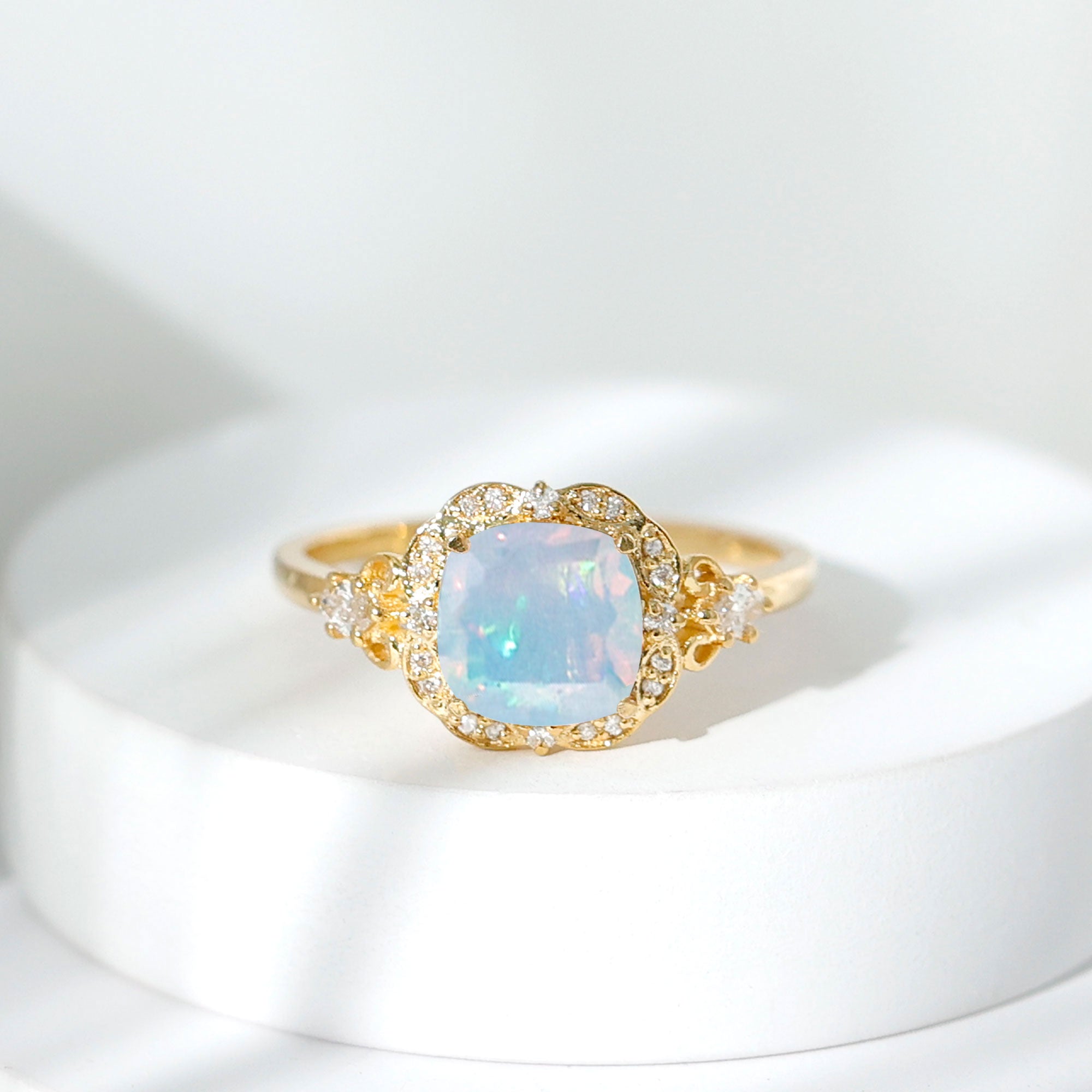 Real Cushion Cut Ethiopian Opal Antique Looking Engagement Ring with Diamond AAA - Rosec Jewels