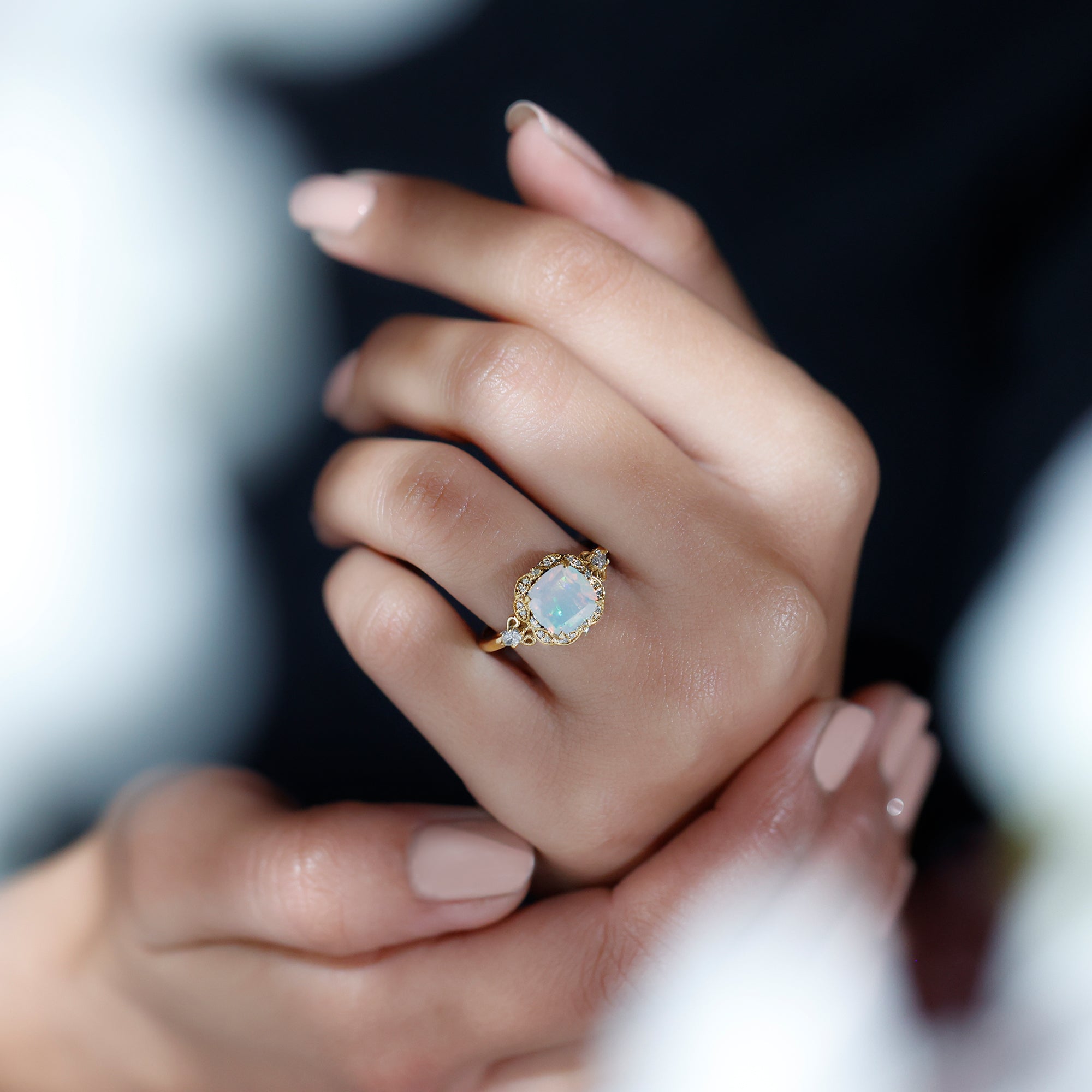 Real Cushion Cut Ethiopian Opal Antique Looking Engagement Ring with Diamond AAA - Rosec Jewels