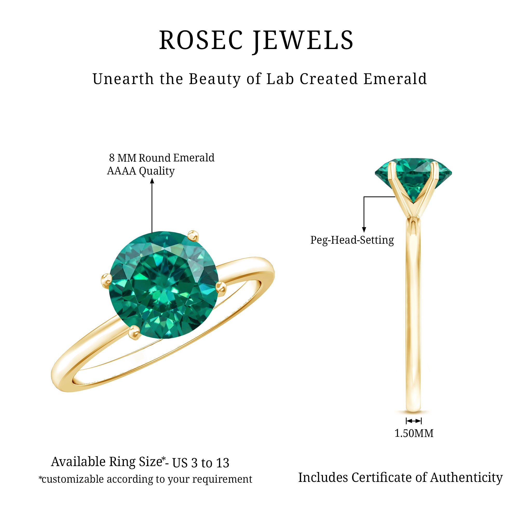 Certified 2 Carat Lab Grown Emerald Solitaire Engagement Ring AAAA - Rosec Jewels