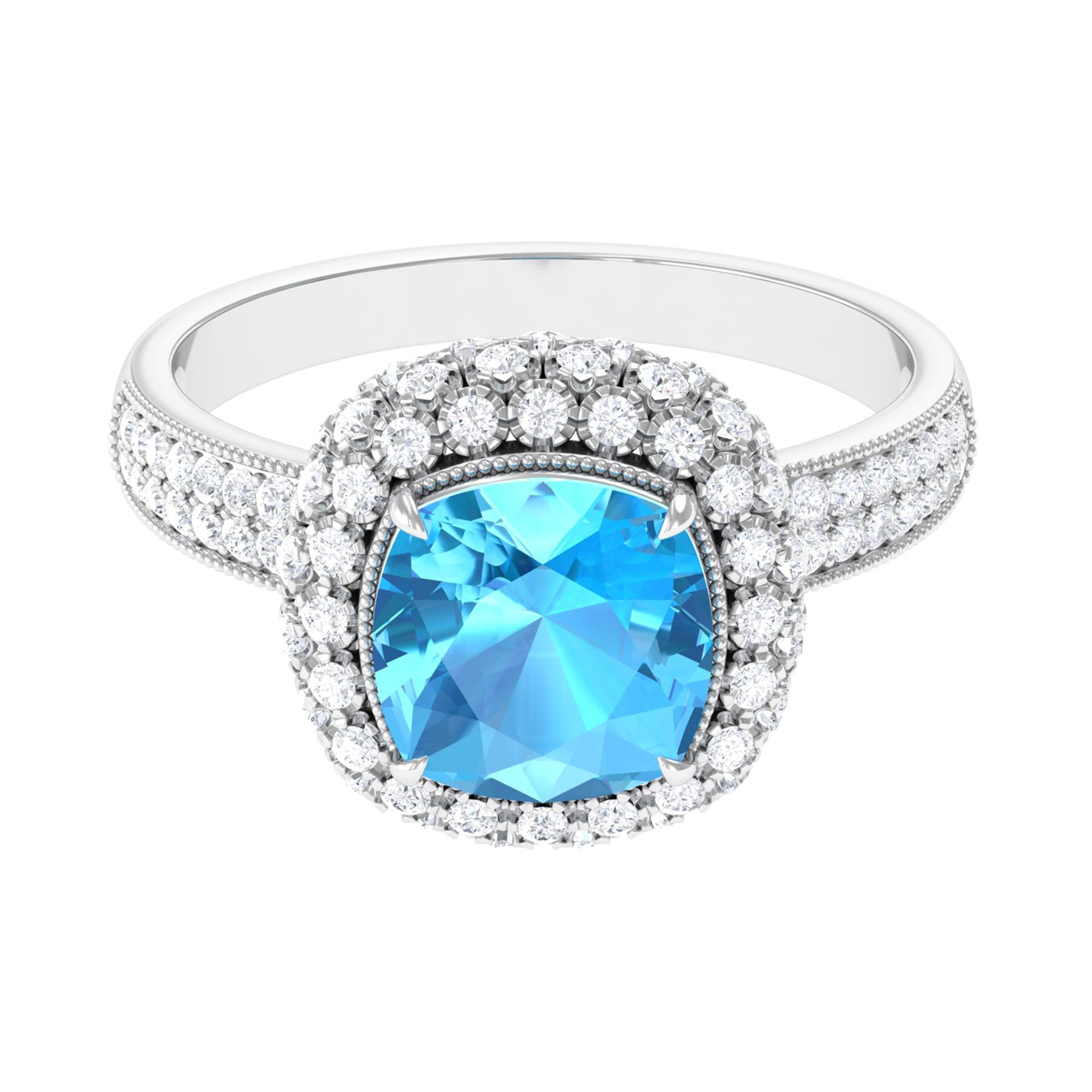 Cushion Cut Swiss Blue Topaz Statement Engagement Ring with Moissanite