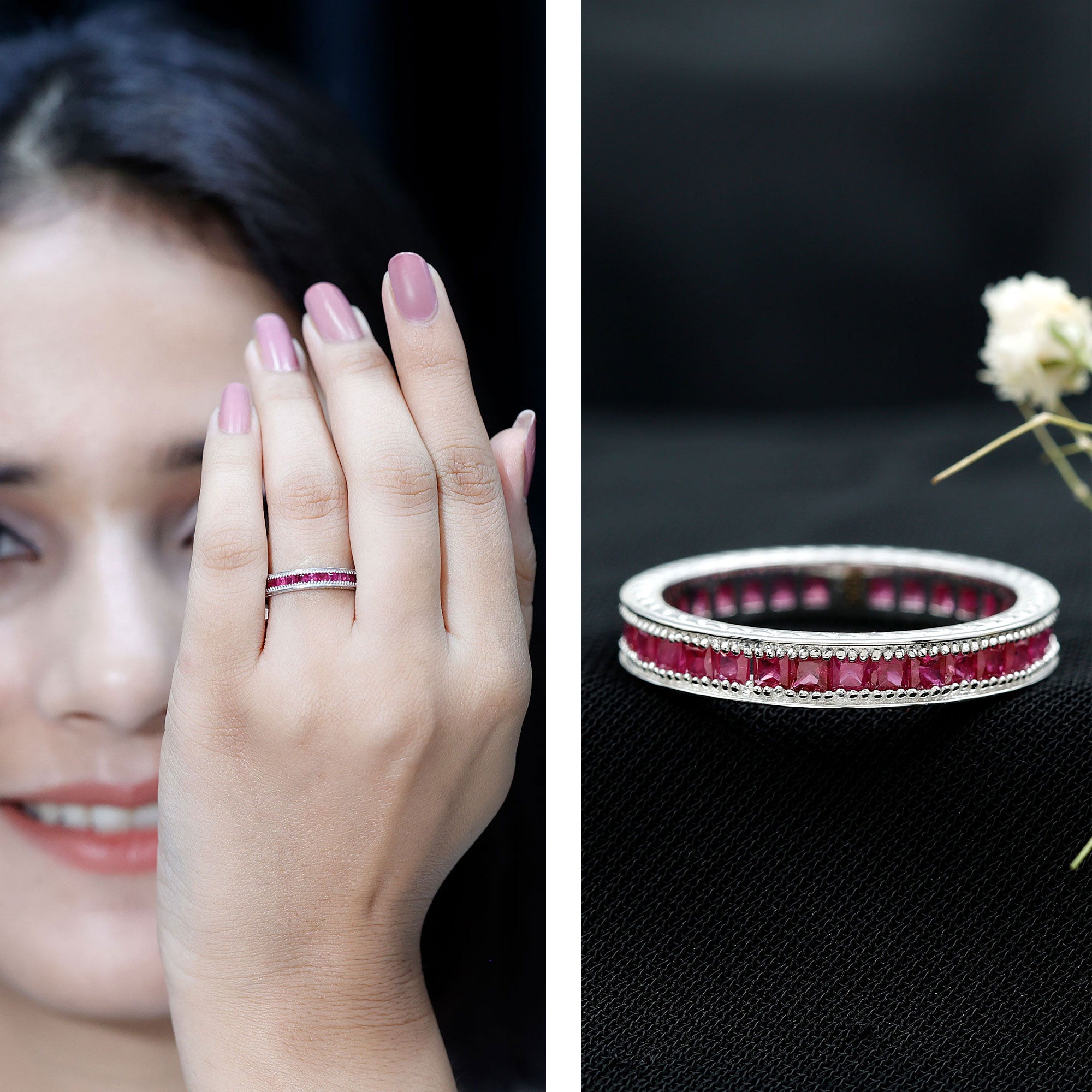 Rosec Jewels-Genuine 1.7 Carat Princess Cut Ruby Eternity Wedding Ring for Women