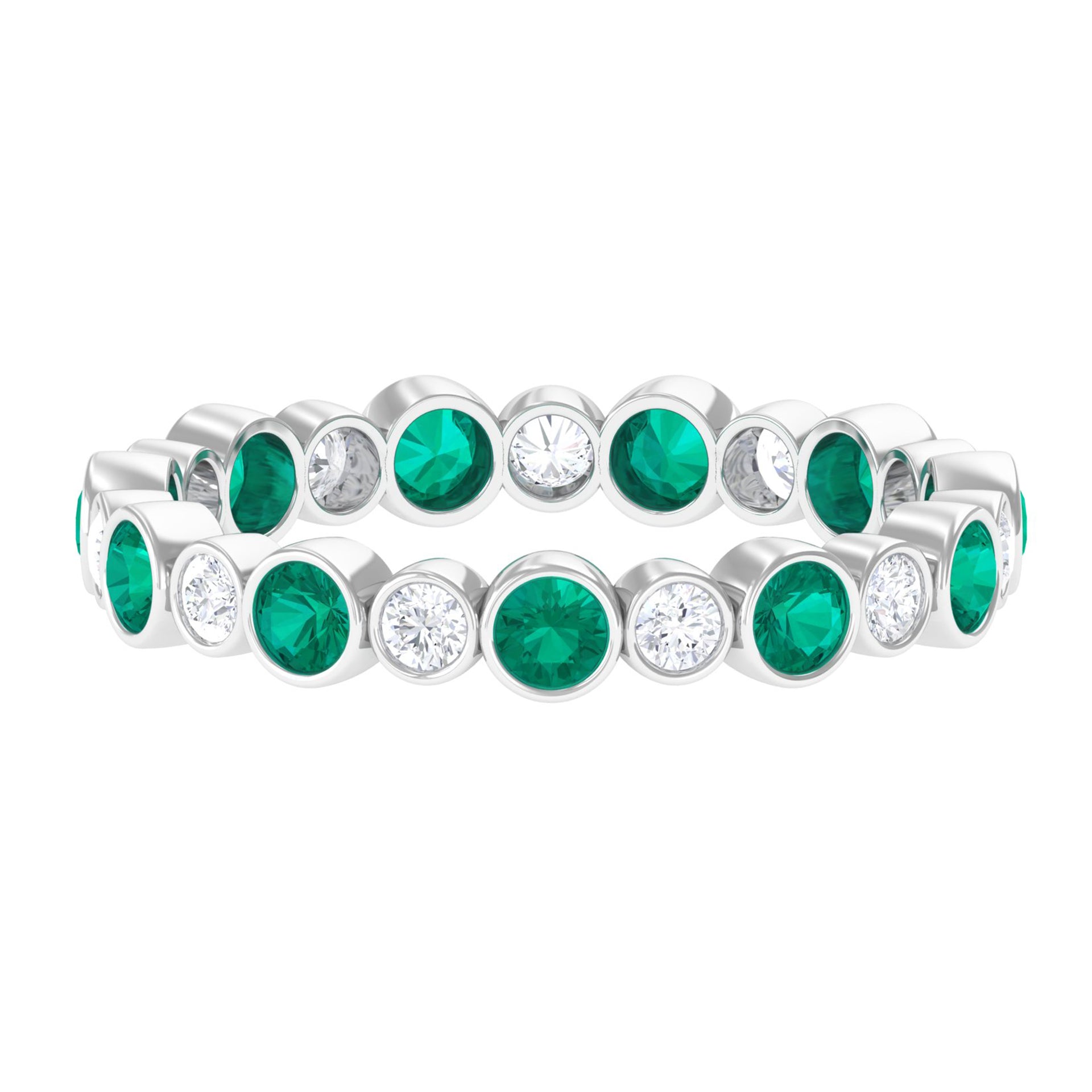 Round Cut Emerald and Moissanite Uneven Eternity Ring in Bezel Setting Emerald - ( AAA ) - Quality - Rosec Jewels