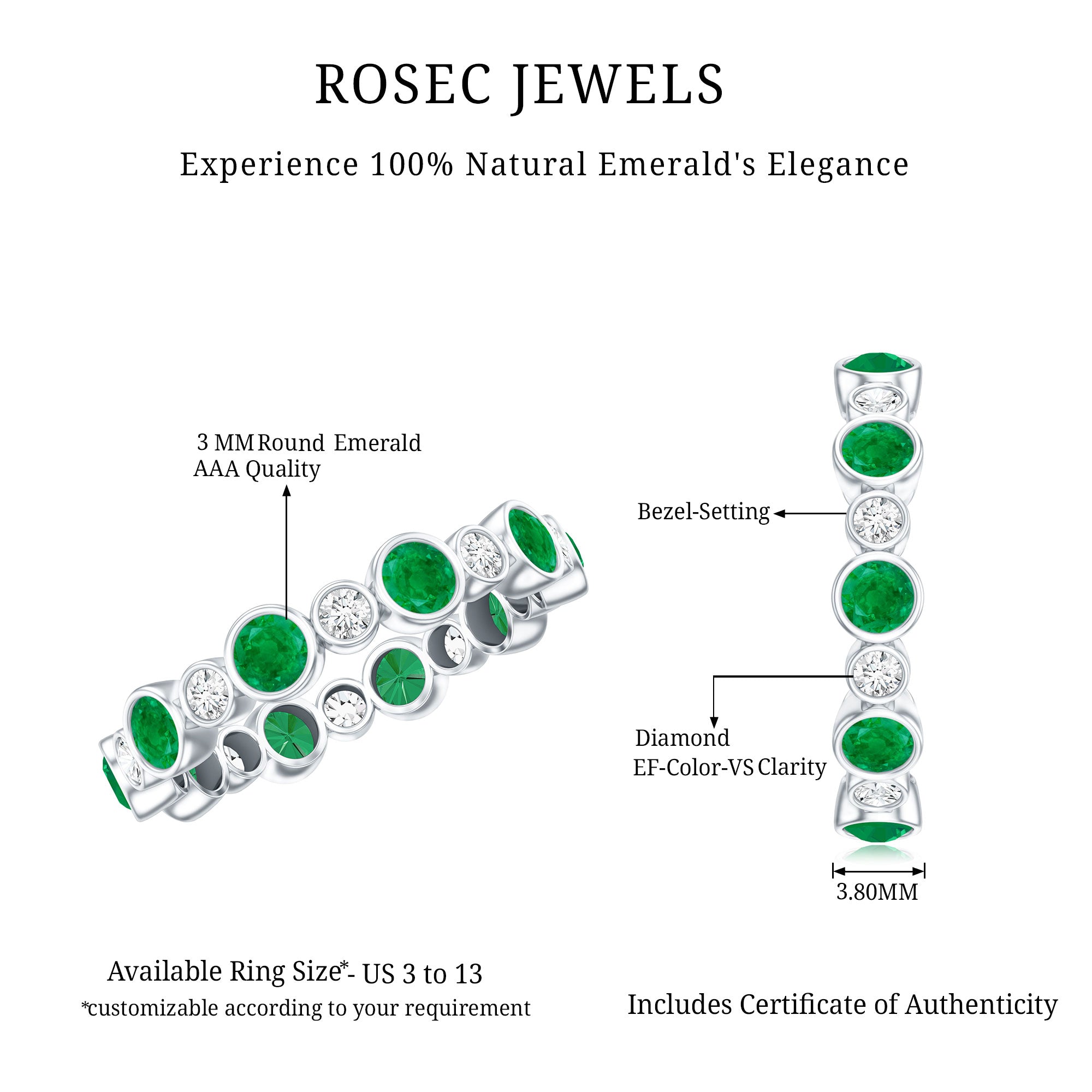 Bezel Set Round Emerald and Diamond Eternity Wedding Band AAA - Rosec Jewels