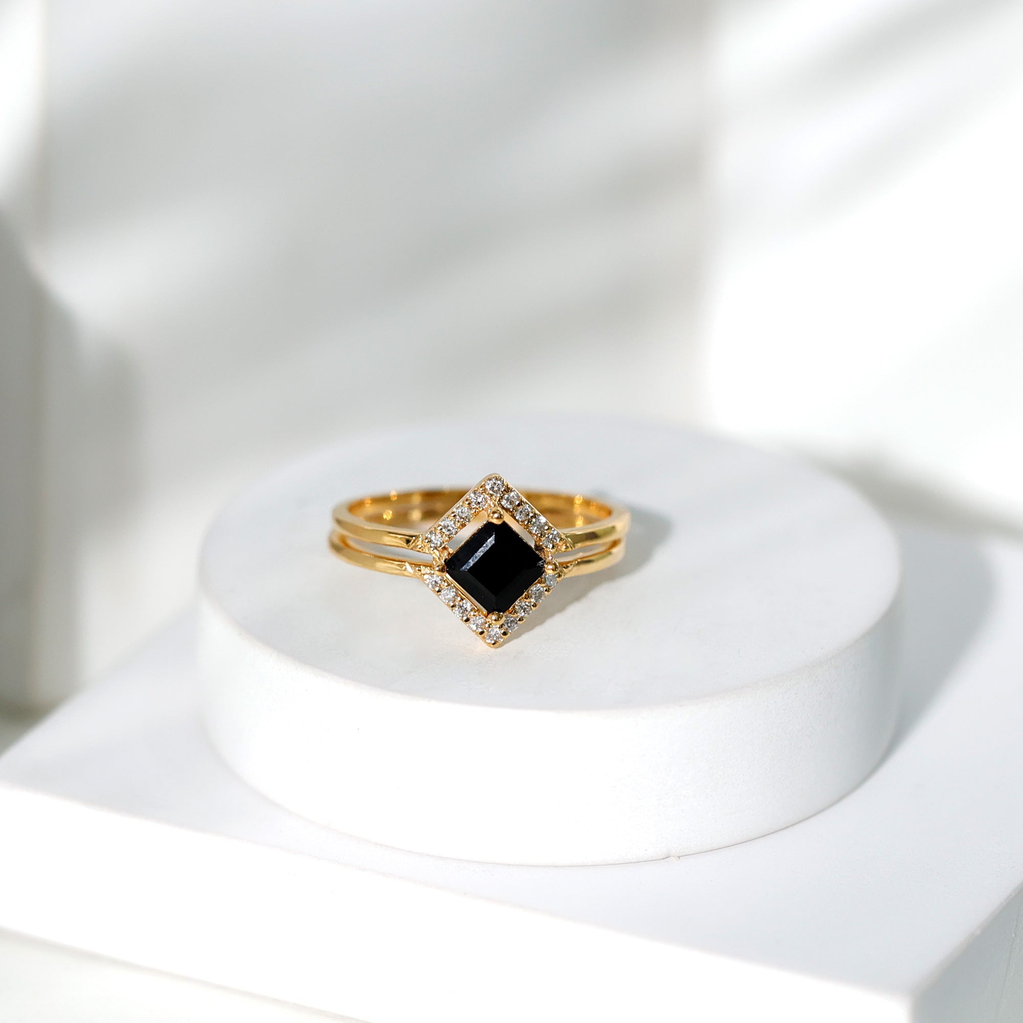 Rosec Jewels-Real Black Onyx and Diamond Princess Cut Engagement Ring With Ring Guard