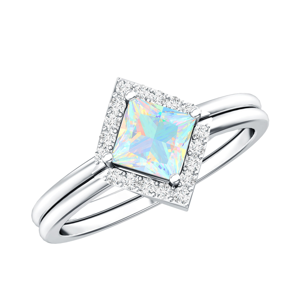 Natural Princess Cut Ethiopian Opal Engagement Ring with Diamond Enhancer
