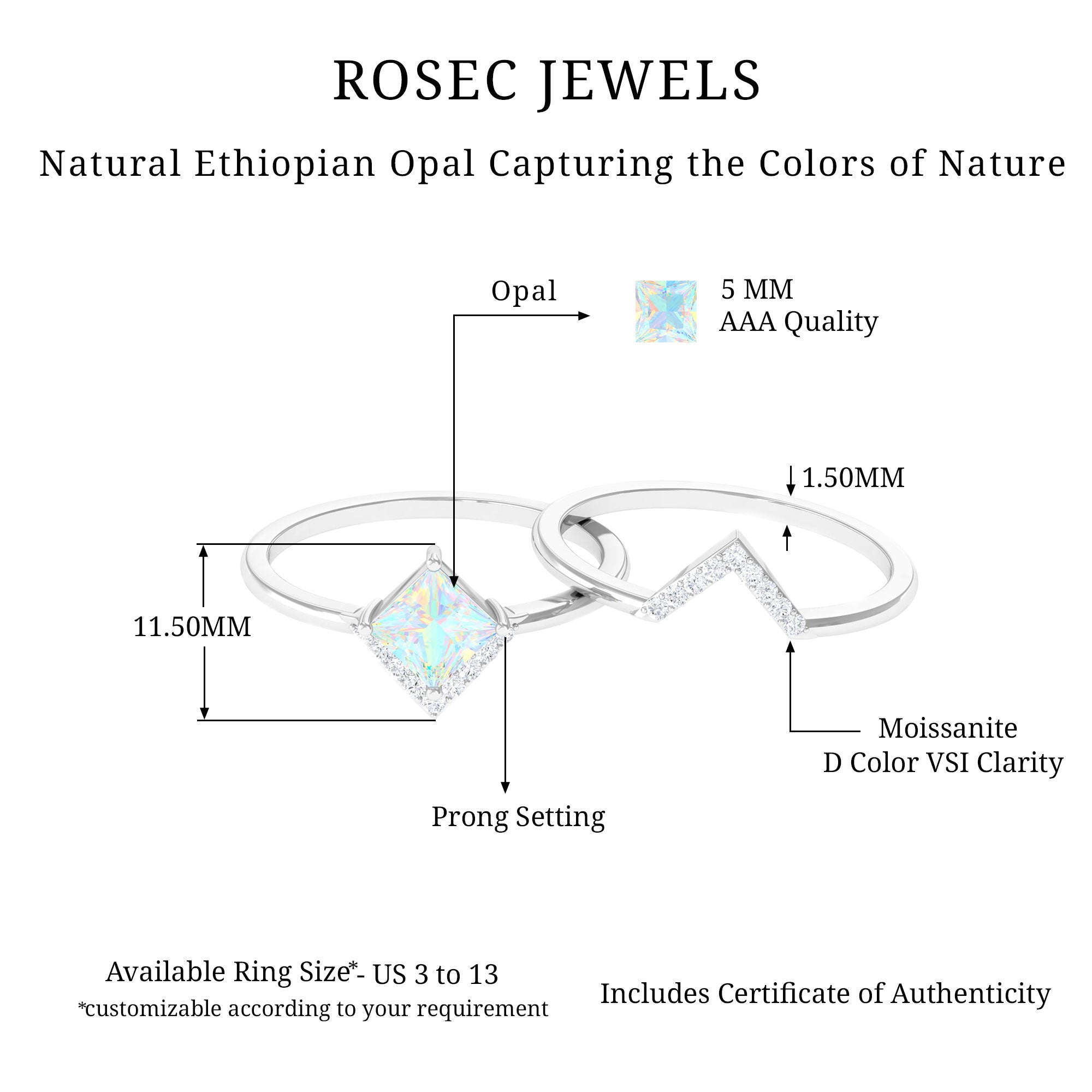 1 CT Minimal Princess Cut Ethiopian Opal and Moissanite Engagement Enhancer Ring Set Ethiopian Opal - ( AAA ) - Quality 92.5 Sterling Silver 5.5 - Rosec Jewels