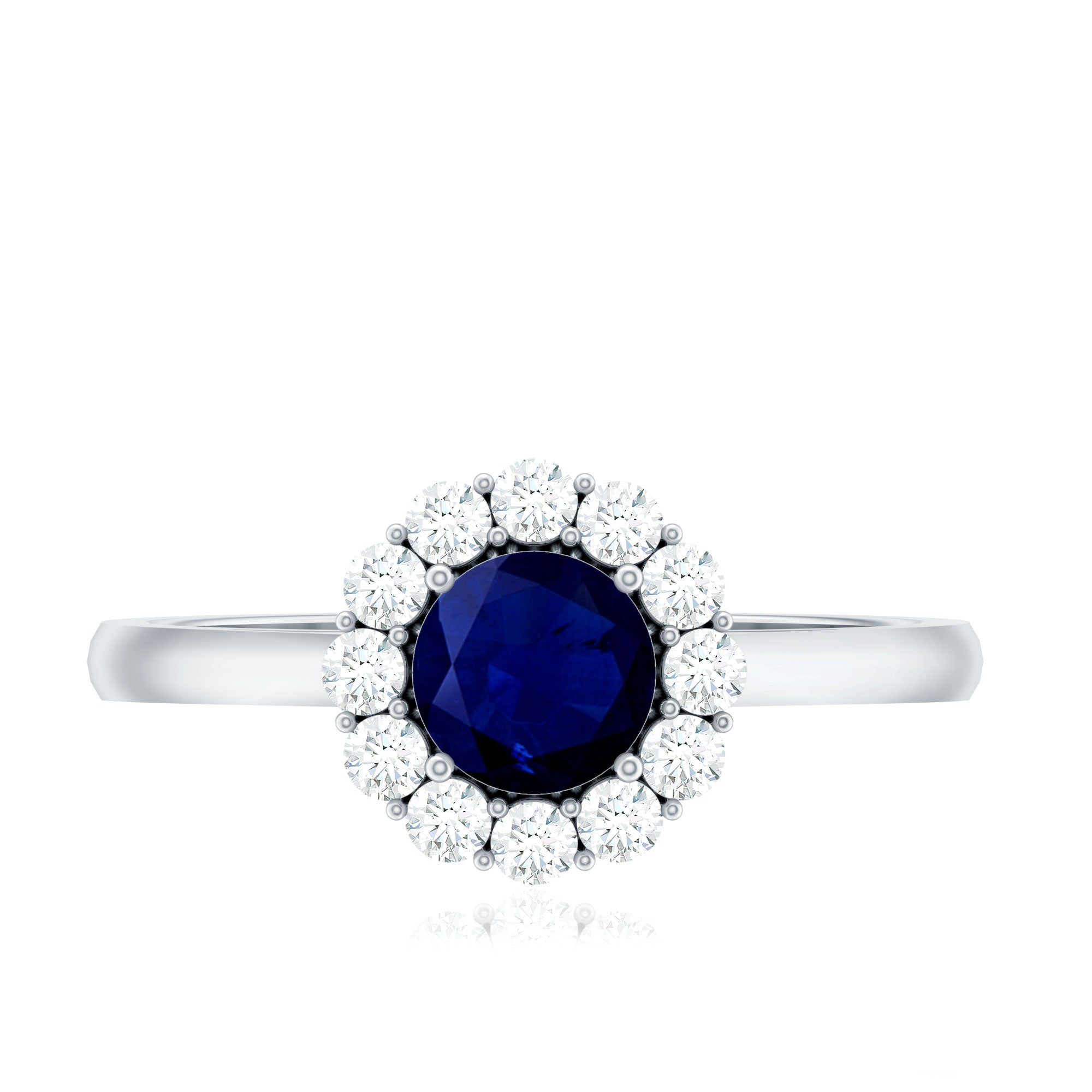 Rosec Jewels-Genuine 0.9 Carat Blue Sapphire and Diamond Round Halo Engagement Ring