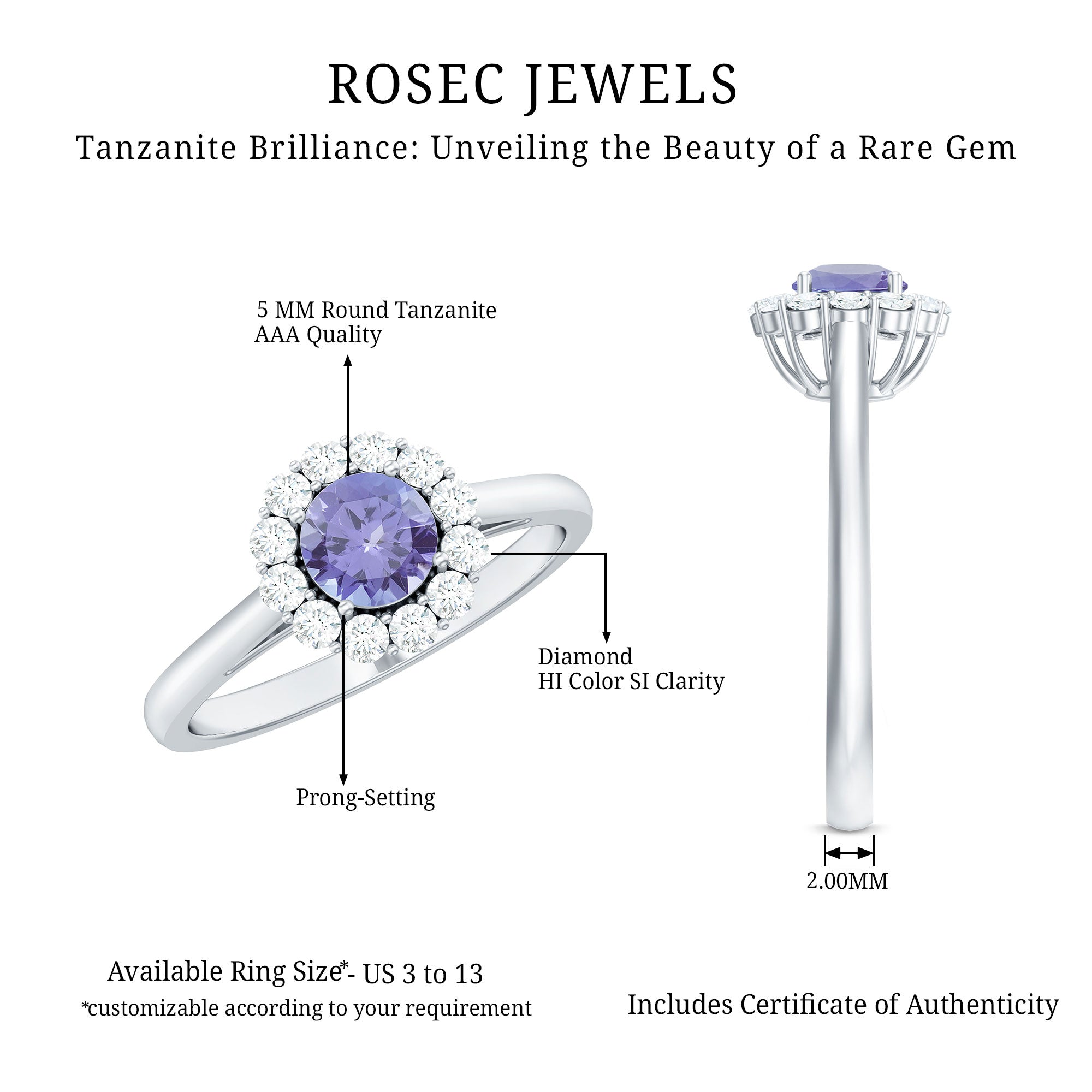 Rosec Jewels-Genuine Tanzanite Classic Engagement Ring with Diamond Halo